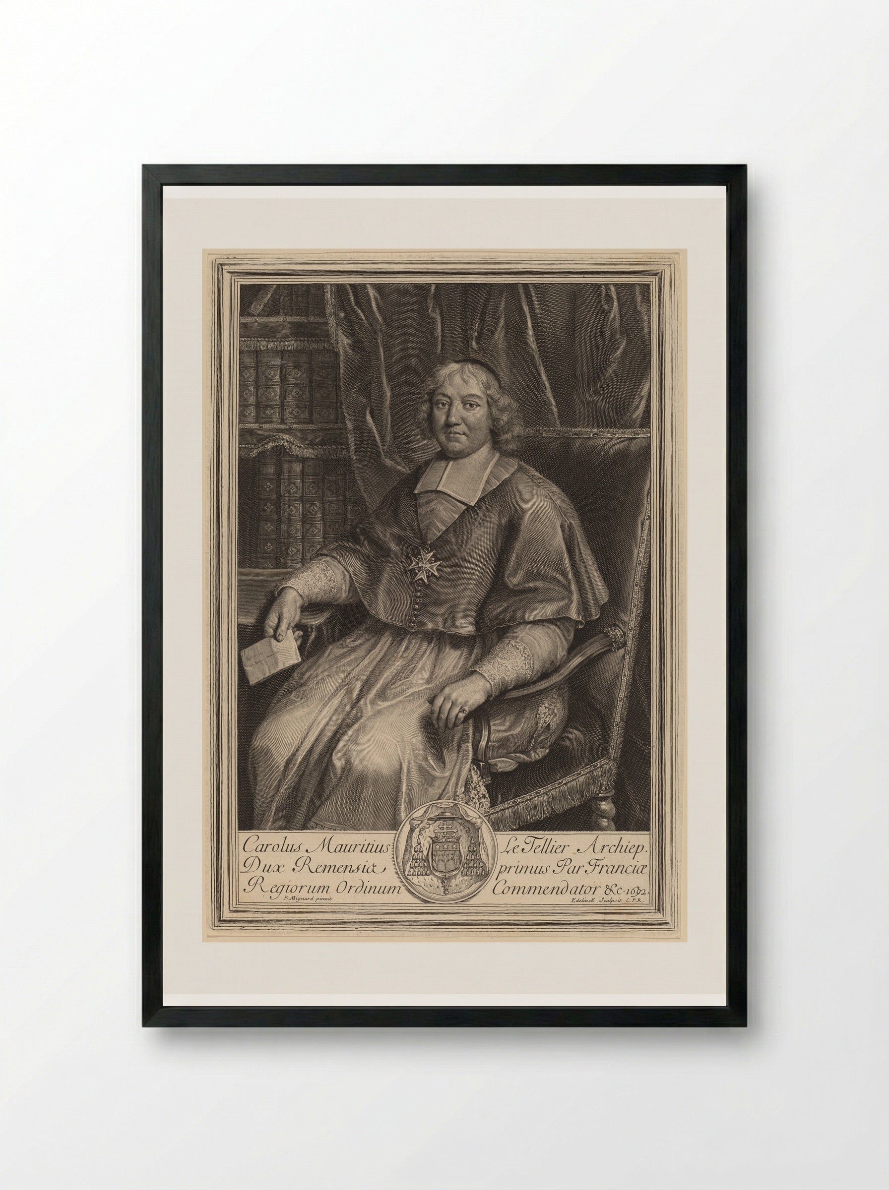 Portrait of Charles Maurice Le Tellier - Gérard Edelinck - Framed Print Black