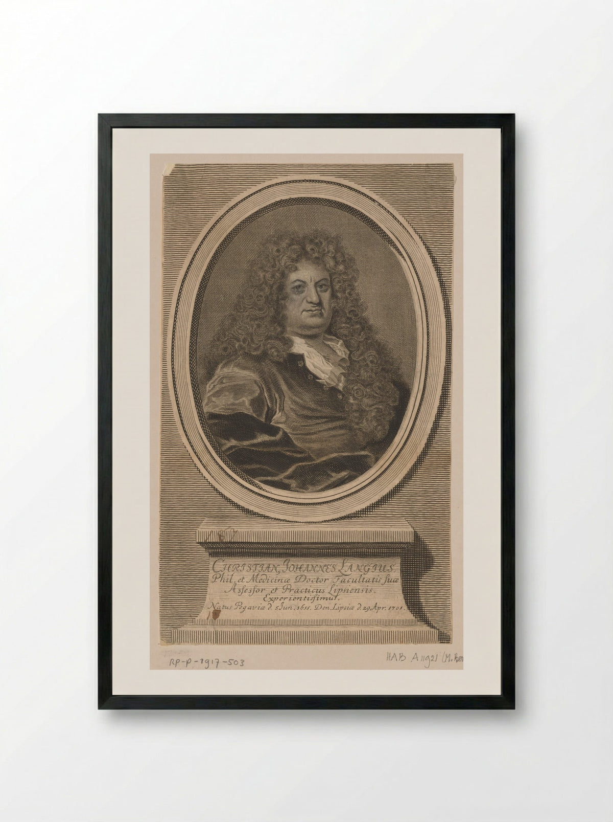 Portrait of Christian Johannes Langius - Johann Martin Bernigeroth - Framed Print Black