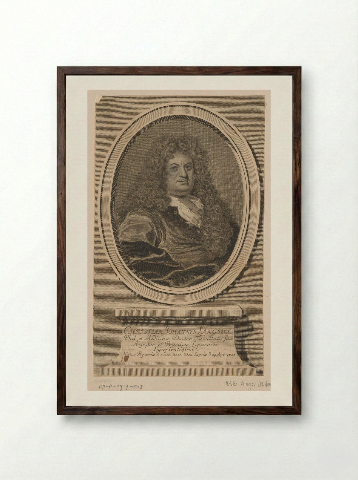 Portrait of Christian Johannes Langius - Johann Martin Bernigeroth - Framed Print Dark Wood