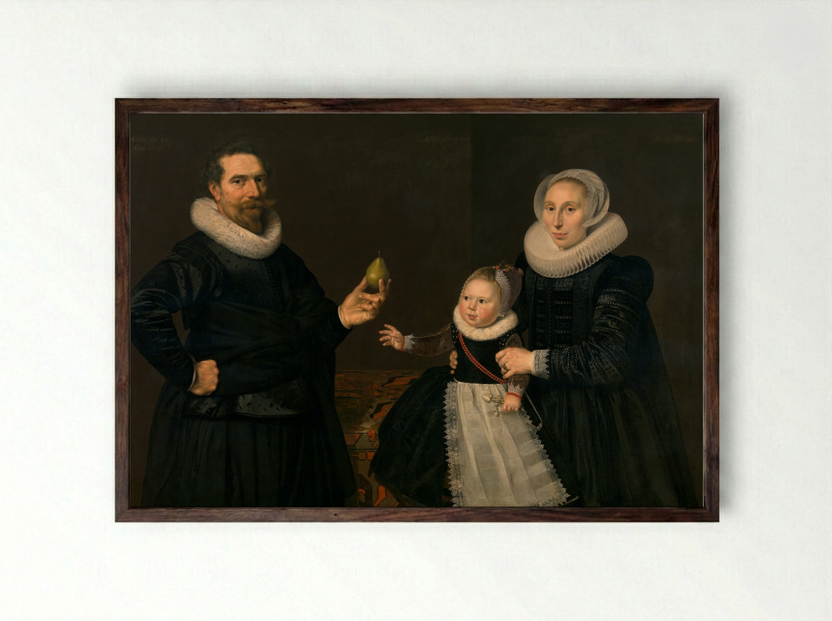 Portrait of Dirck Hasselaer with his Wife and Child - Cornelis van der Voort - Framed Print Dark Wood