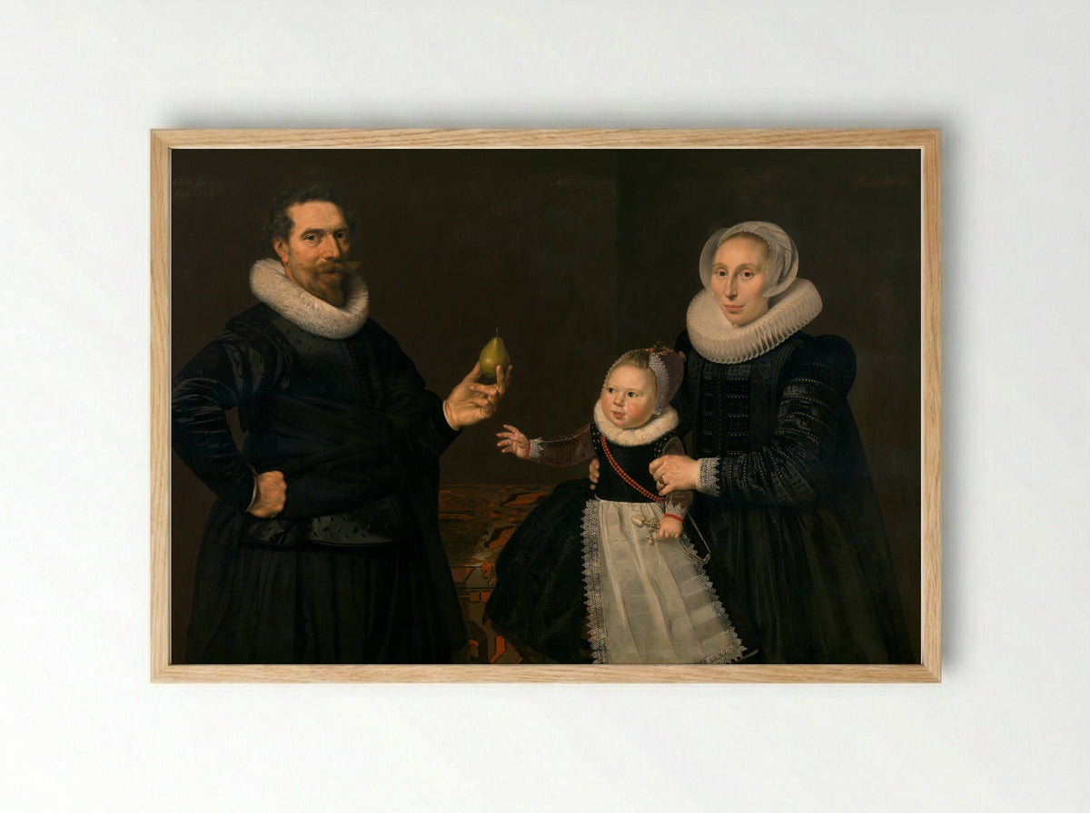 Portrait of Dirck Hasselaer with his Wife and Child - Cornelis van der Voort - Framed Print Wood