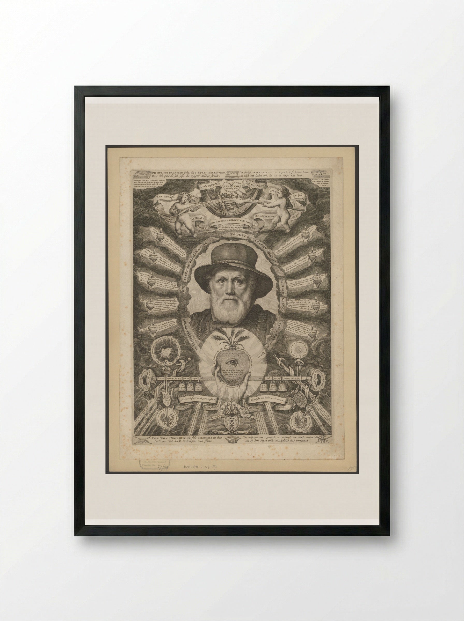 Portrait of Dirck Volckertsz. Coornhert in Allegorical Frame - Theodor Matham - Framed Print Black