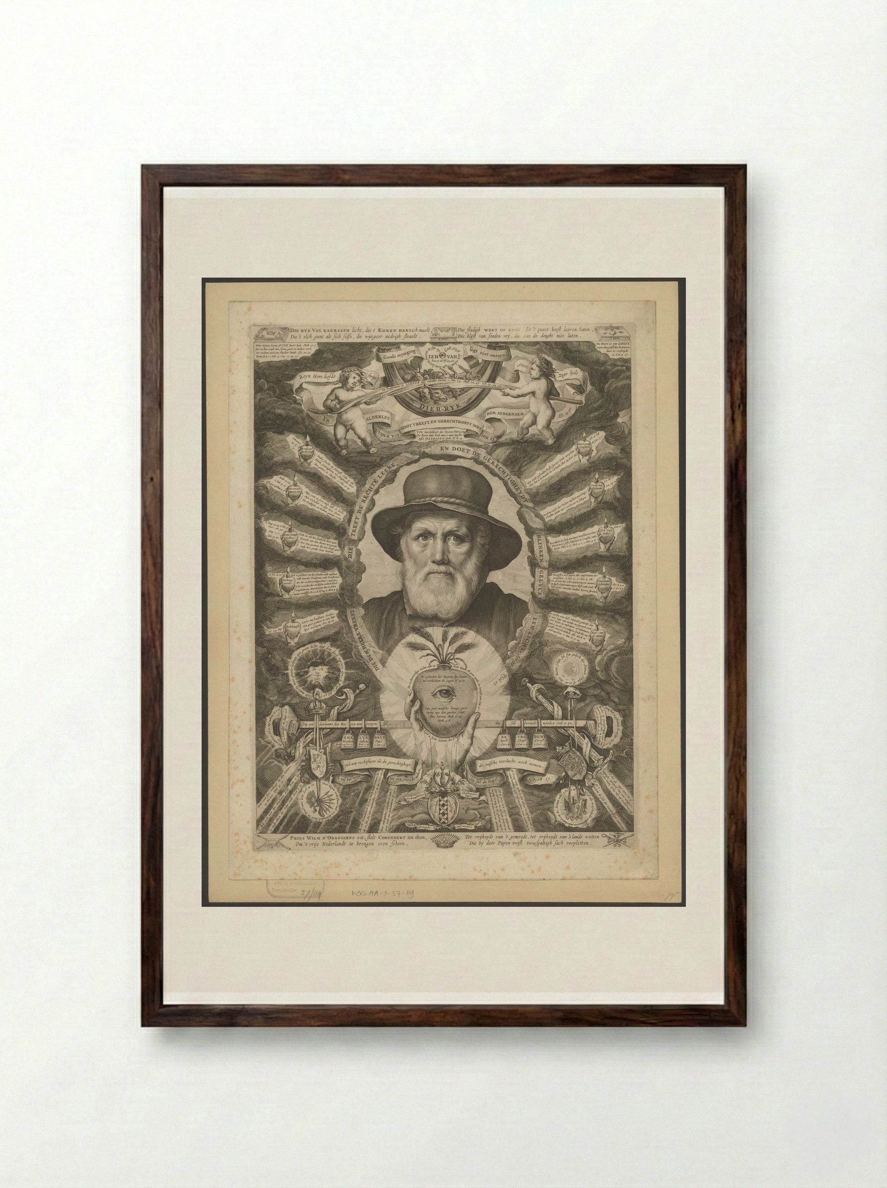 Portrait of Dirck Volckertsz. Coornhert in Allegorical Frame - Theodor Matham - Framed Print Dark Wood