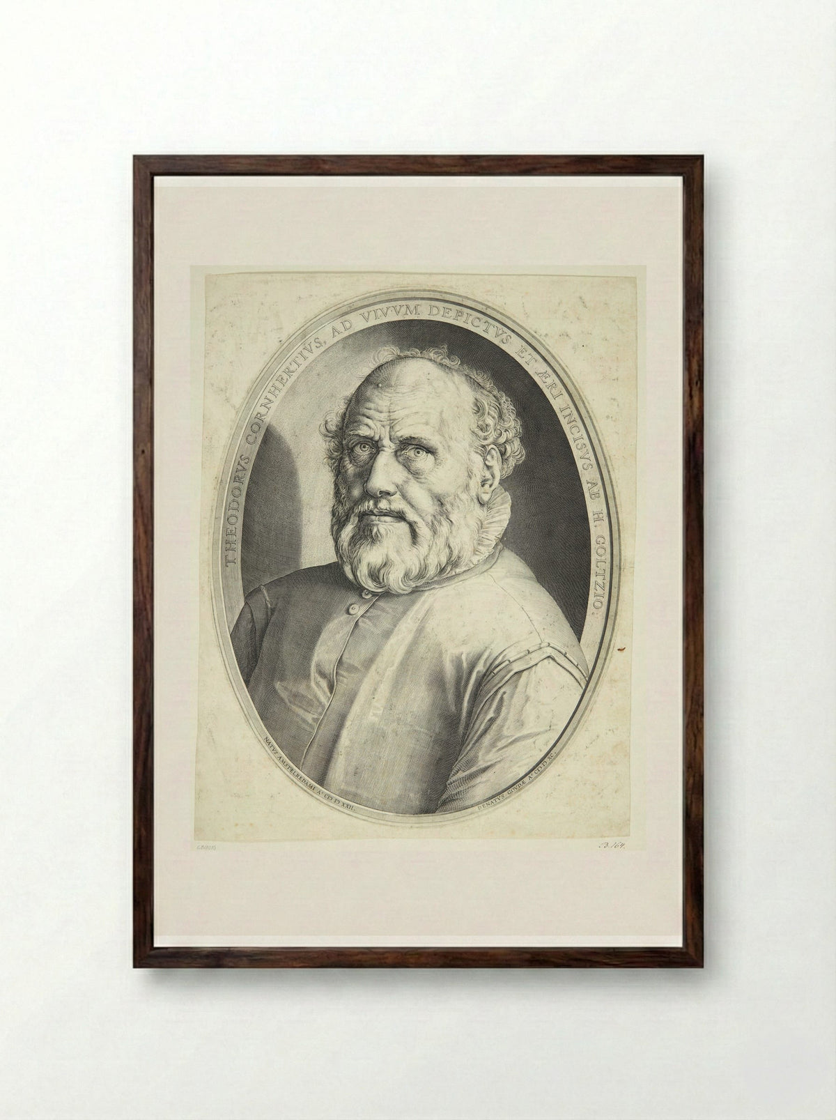 Portrait of Dirck Volkertsz. Coornhert - Hendrick Goltzius - Framed Print Dark Wood