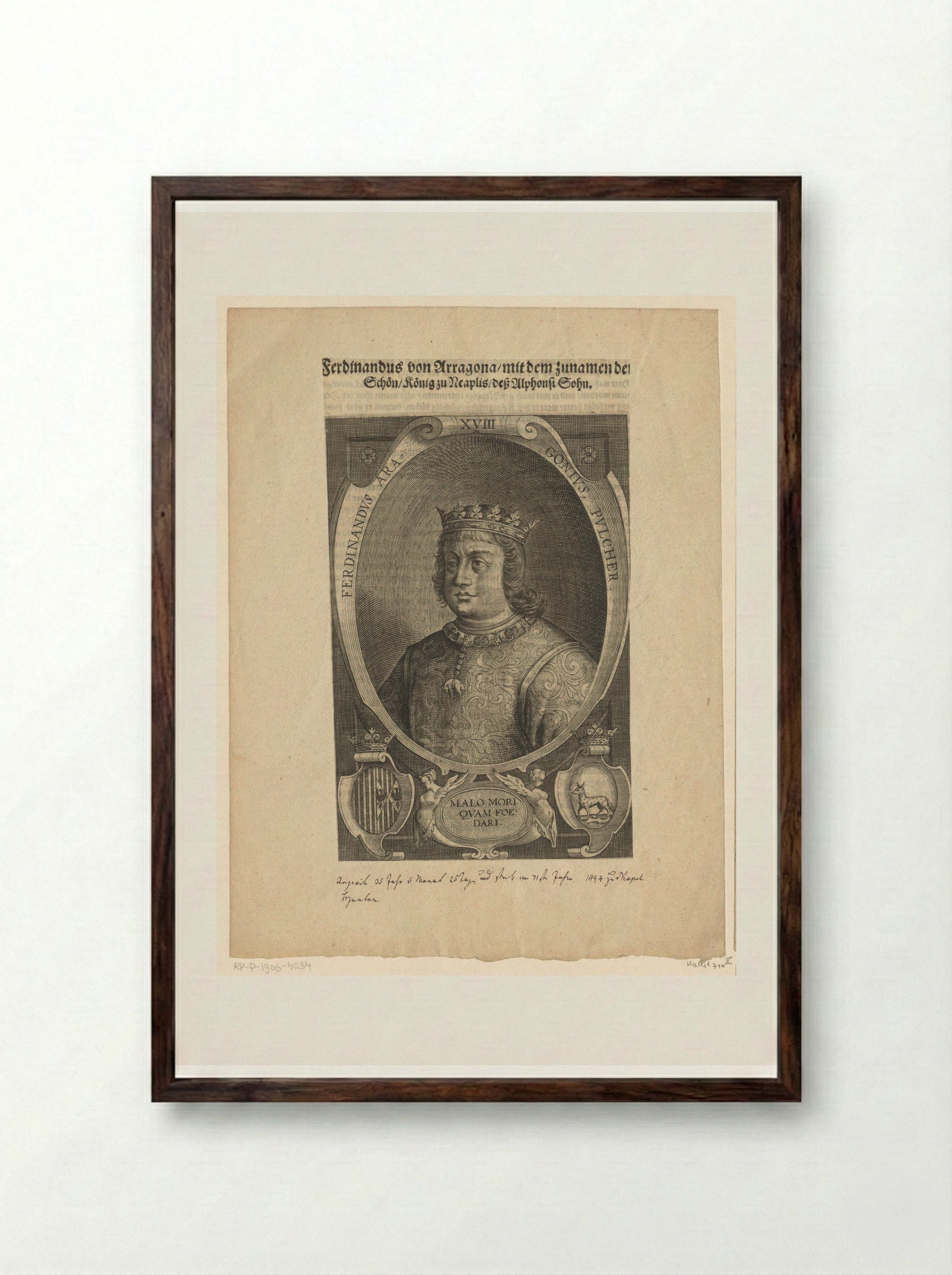 Portrait of Ferdinand I, King of Naples - Lucas Kilian - Framed Print Dark Wood