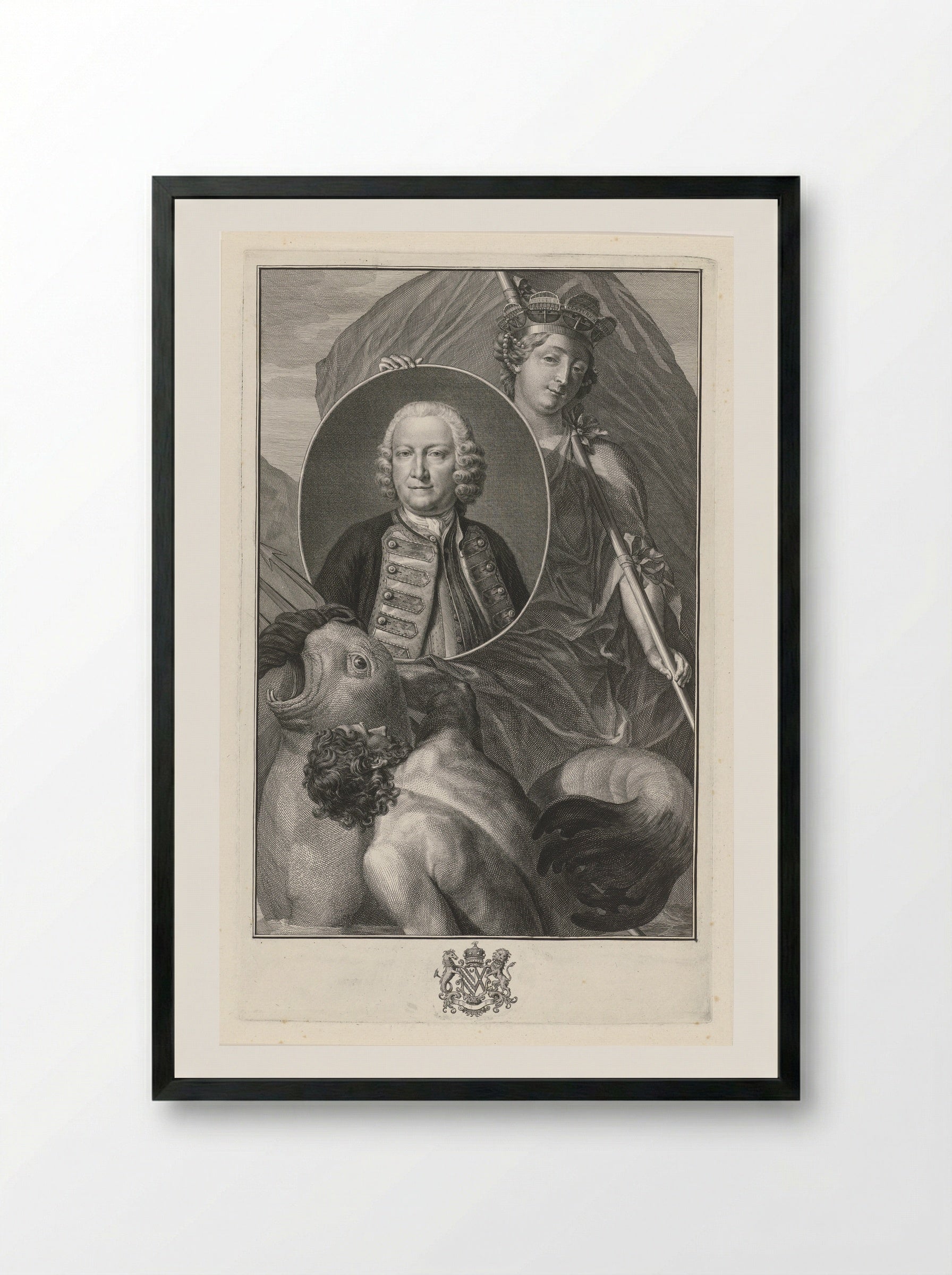 Portrait of George Anson with Allegorical Figure - Jacob Houbraken - Framed Print Black