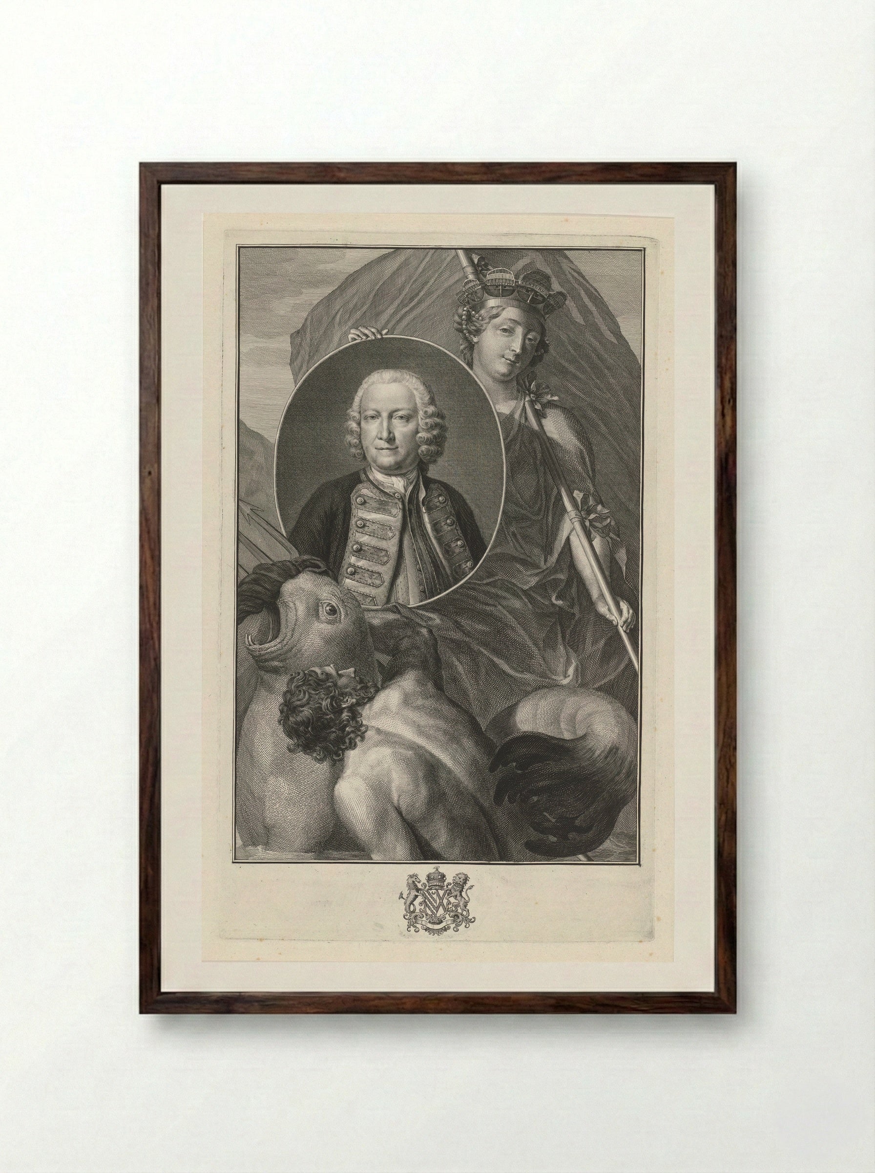 Portrait of George Anson with Allegorical Figure - Jacob Houbraken - Framed Print Dark Wood