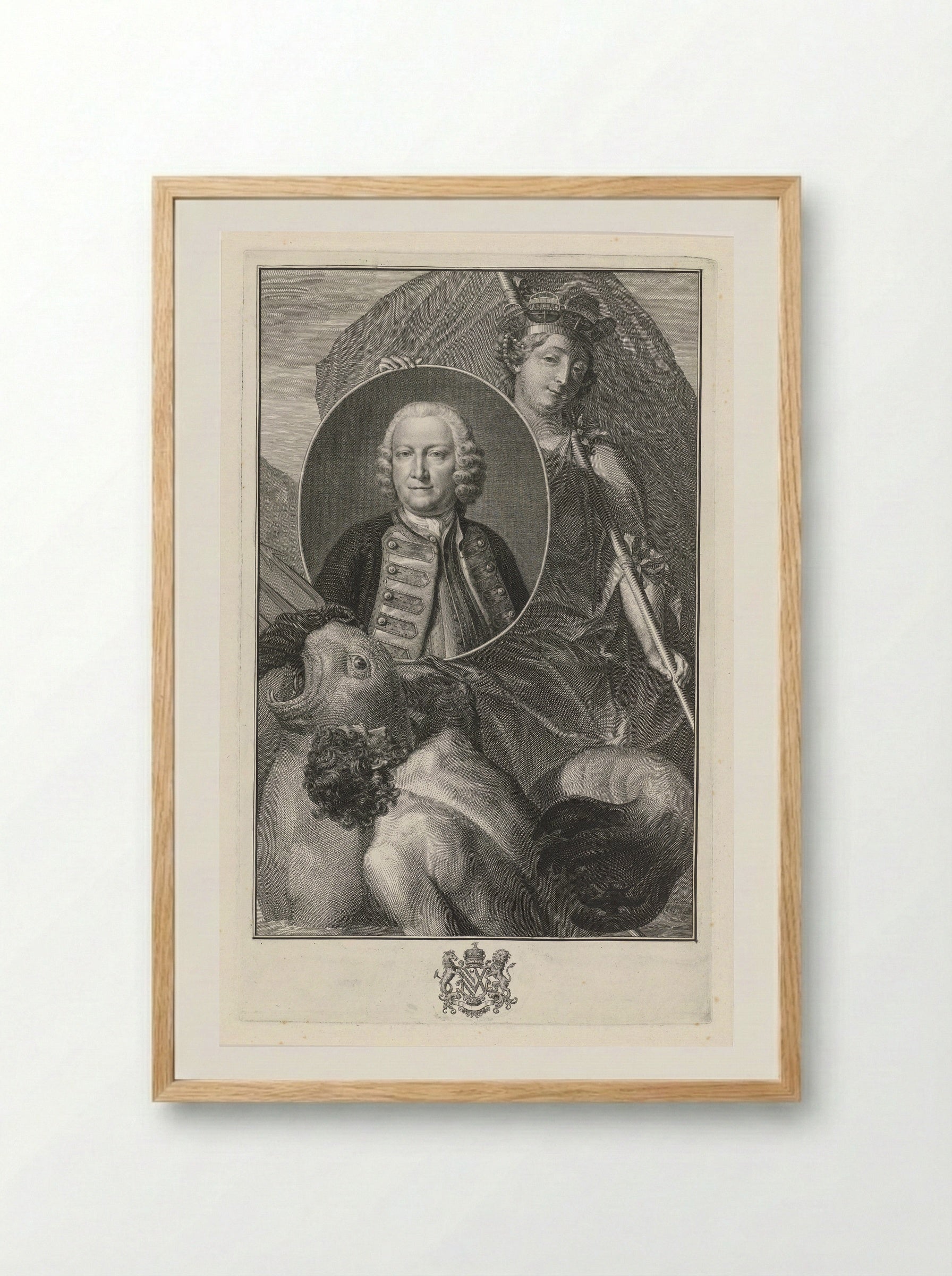 Portrait of George Anson with Allegorical Figure - Jacob Houbraken - Framed Print Wood