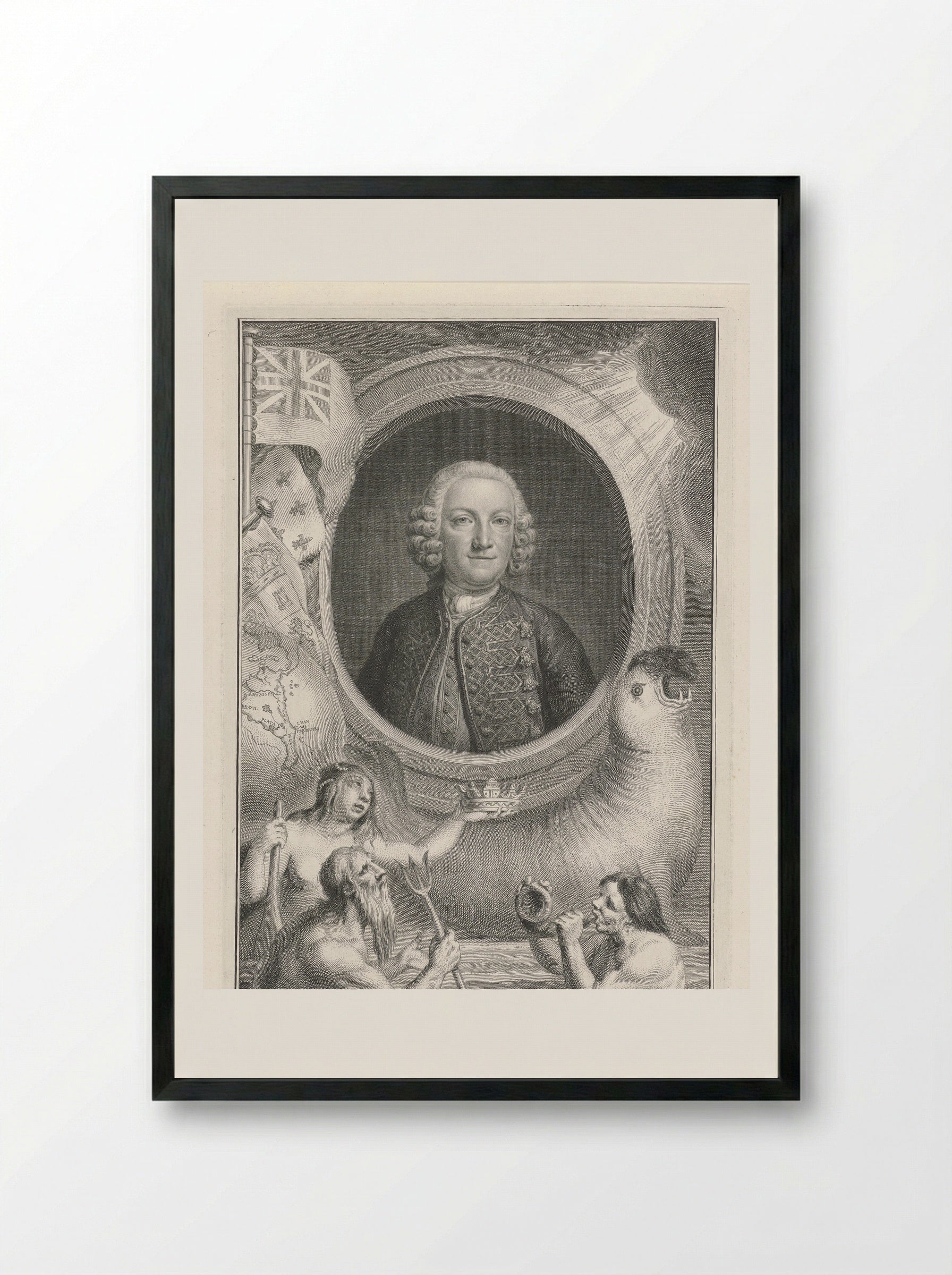 Portrait of George Anson with Allegorical Figures - Jacob Houbraken - Framed Print Black