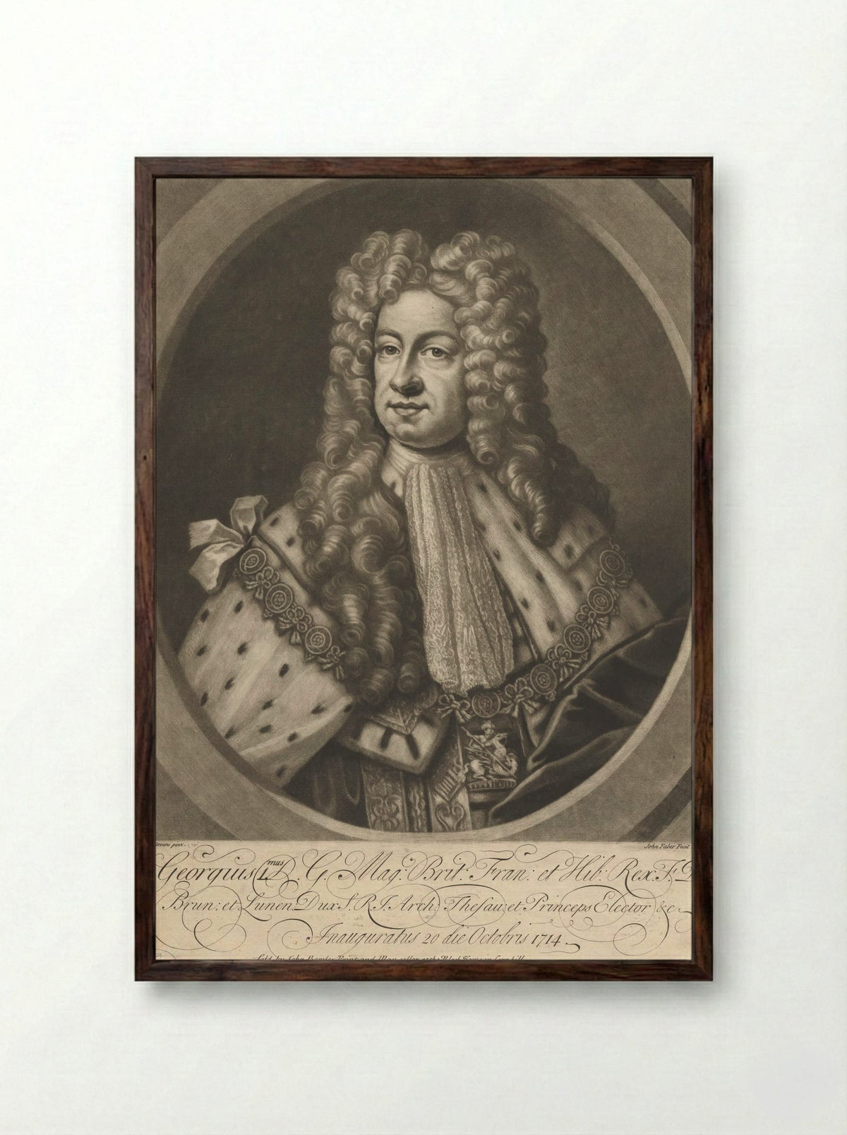 Portrait of George I - John Faber (I) - Framed Print Dark Wood