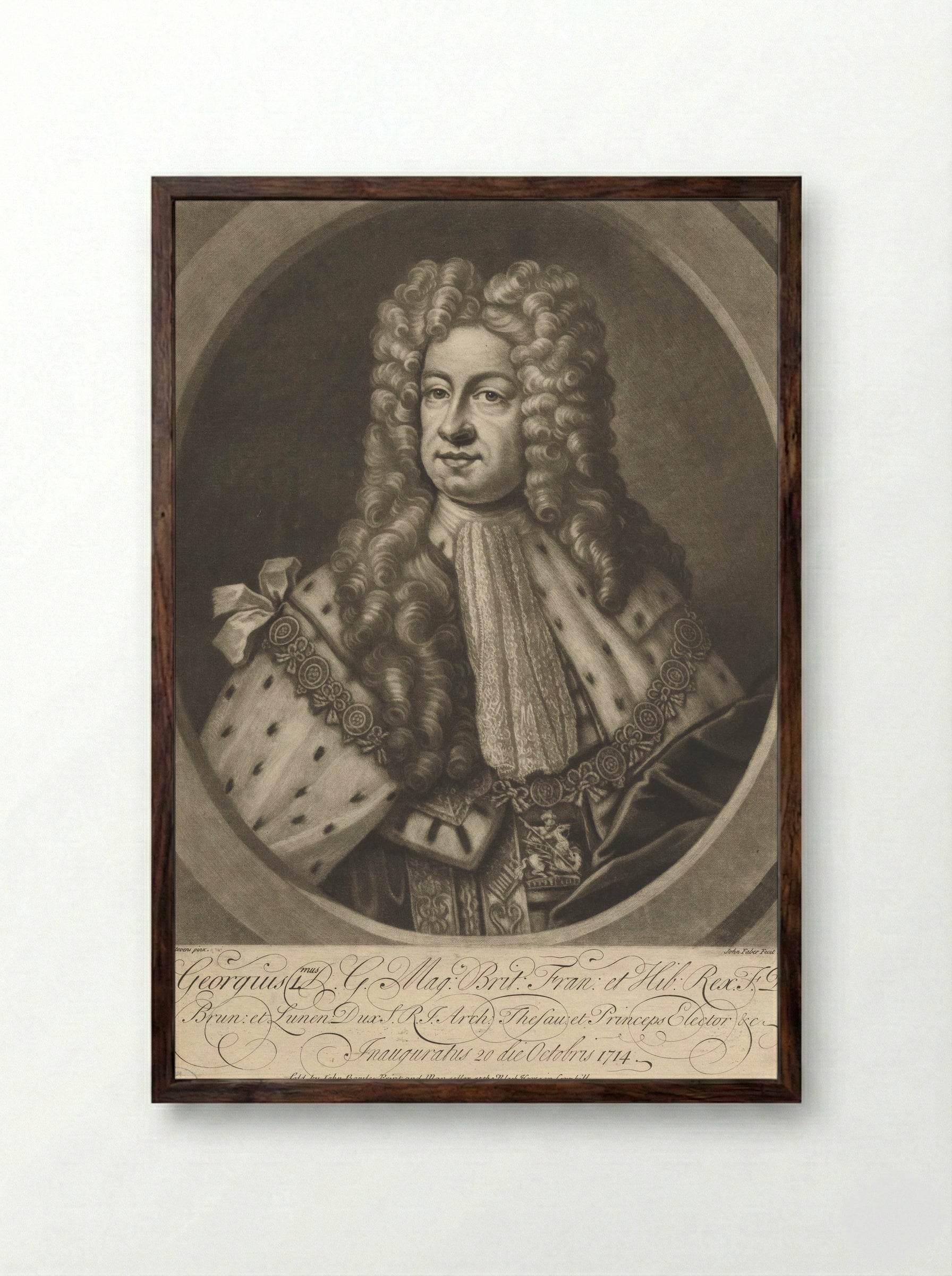 Portrait of George I - John Faber (I) - Framed Print Dark Wood