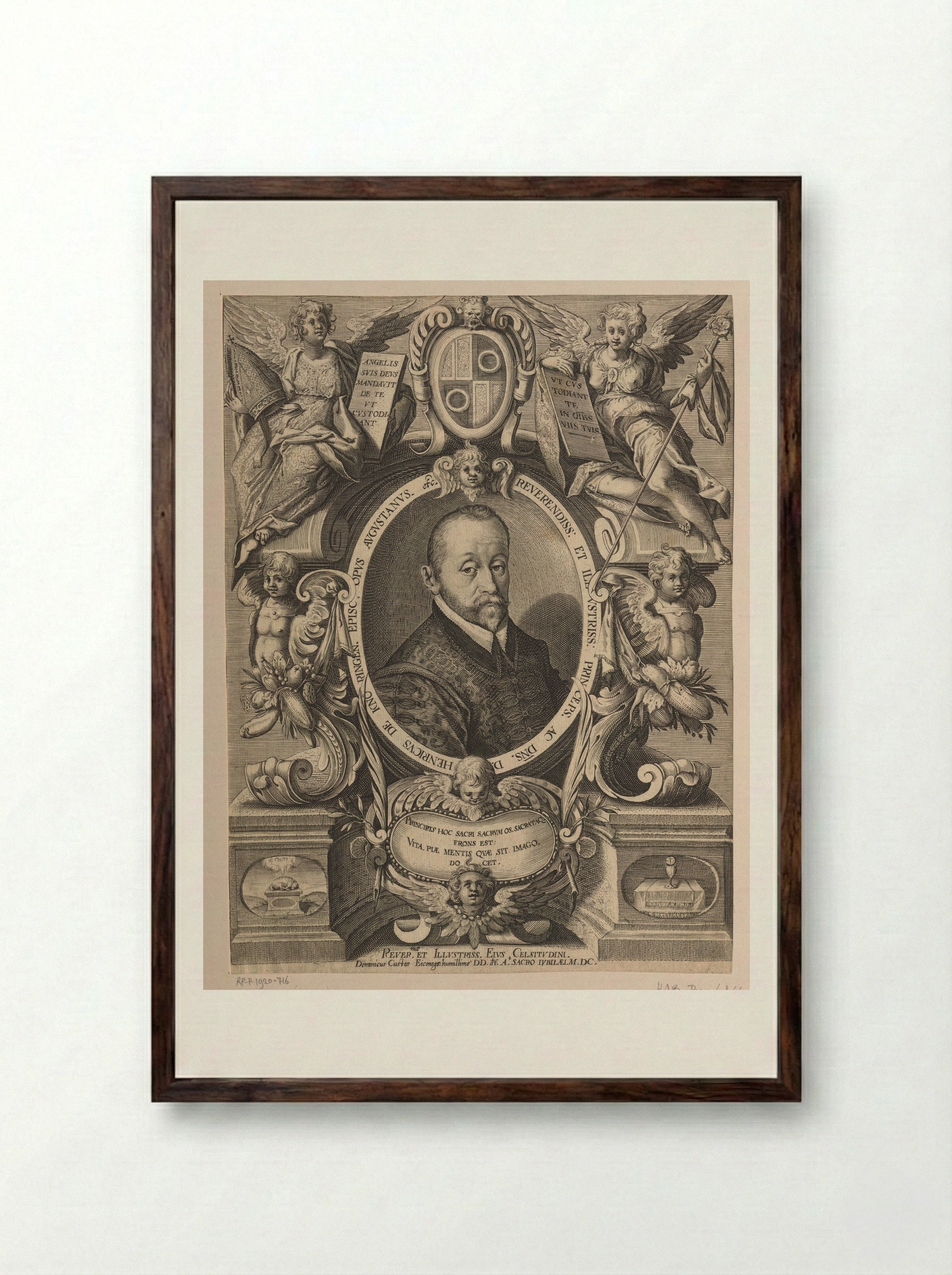 Portrait of Heinrich von Knöringen, Bishop of Augsburg - Dominicus Custos - Framed Print Dark Wood