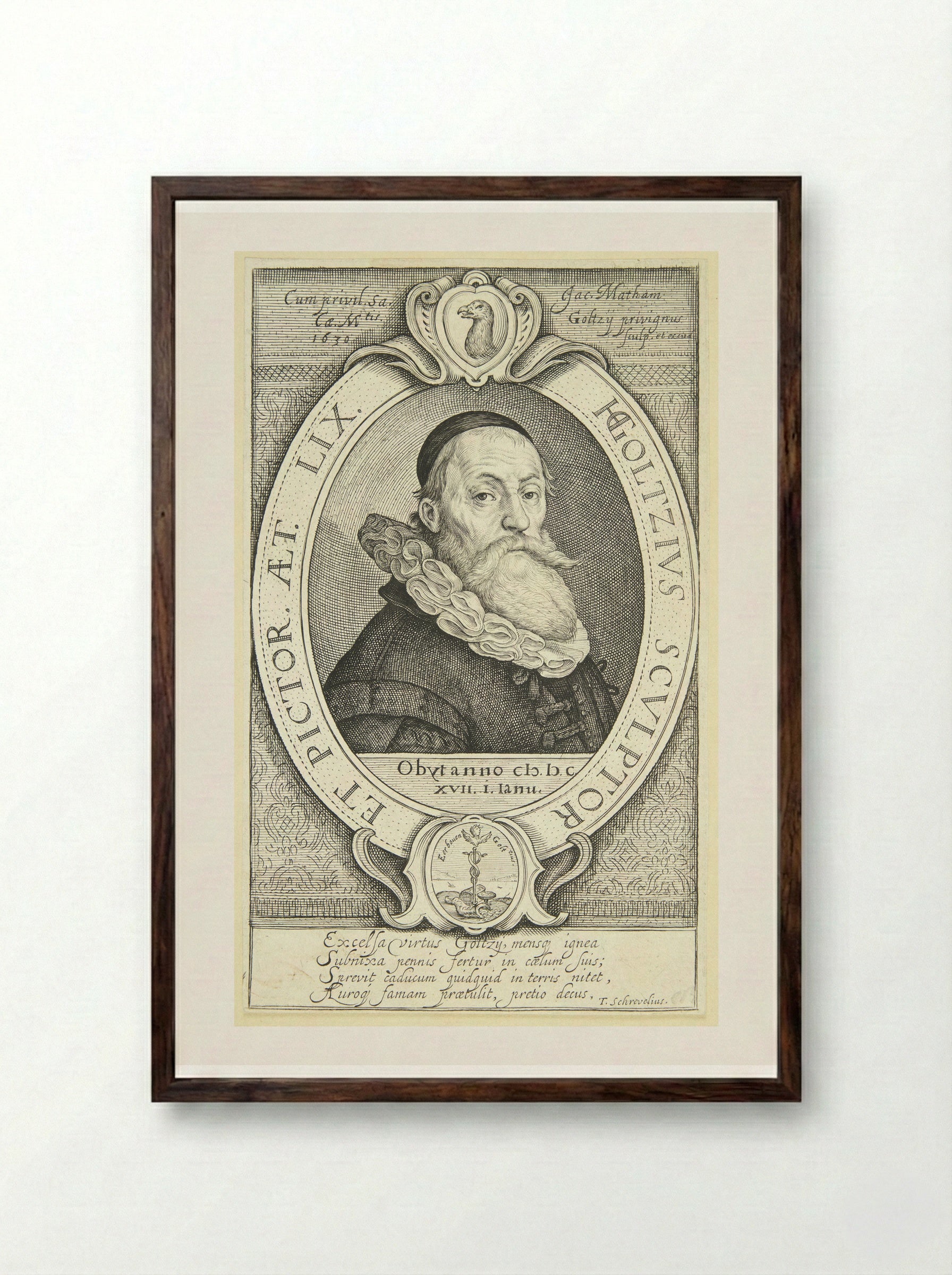 Portrait of Hendrick Goltzius - Jacob Matham - Framed Print Dark Wood