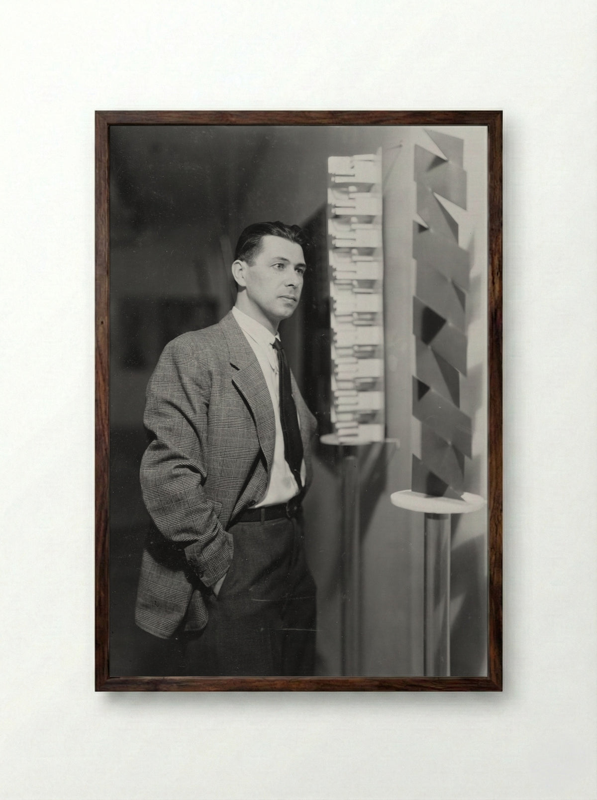 Portrait of Herbert Bayer with Sculpture - Herbert Bayer - Framed Print Dark Wood