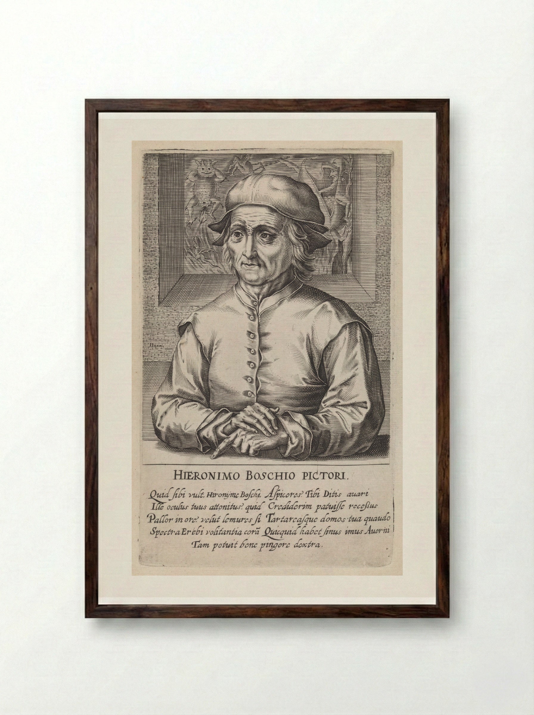 Portrait of Hieronymus Bosch - Hendrick Hondius (I) - Framed Print Dark Wood
