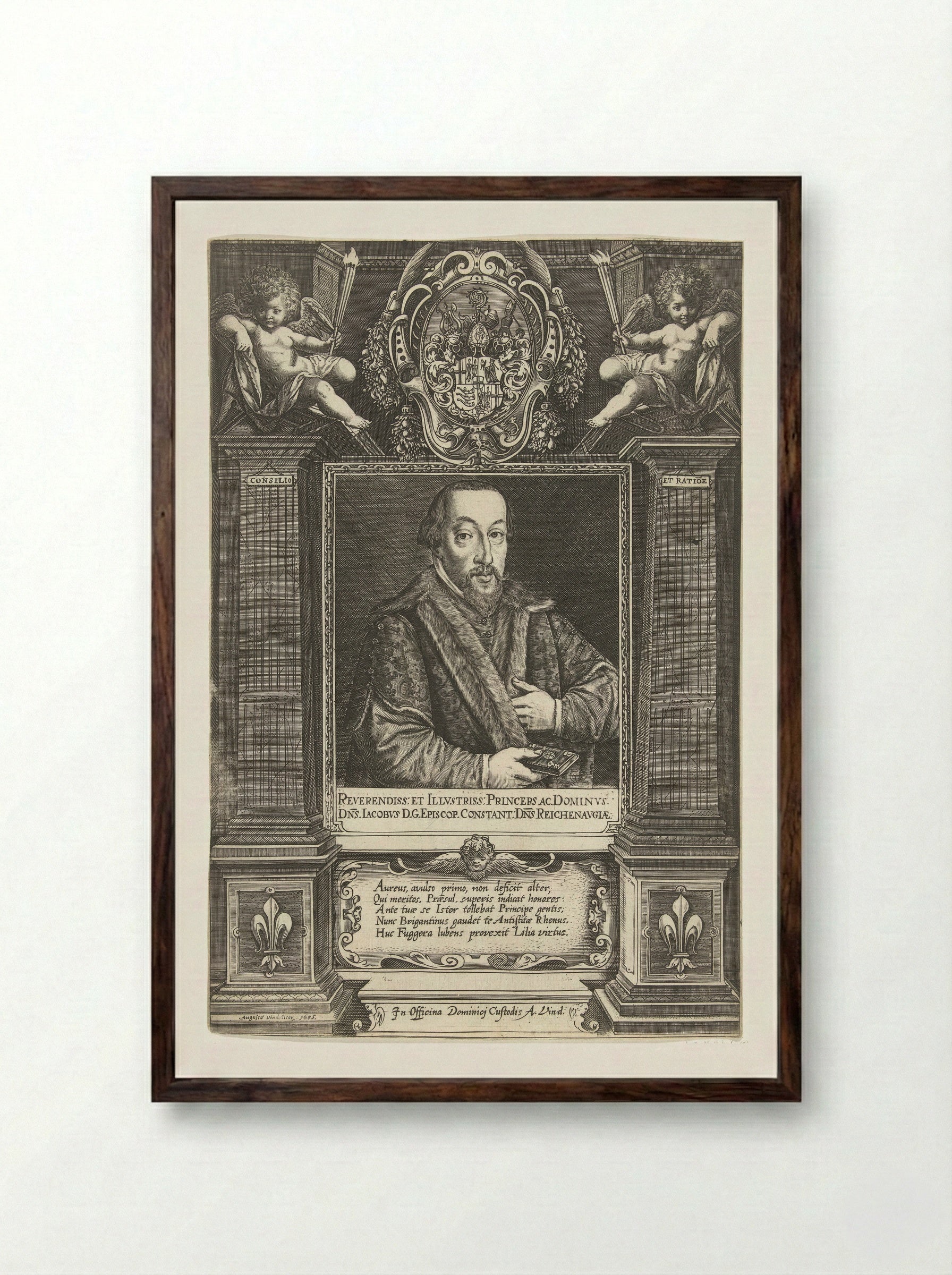 Portrait of Jacob Fugger, Bishop of Constance - Dominicus Custos - Framed Print Dark Wood