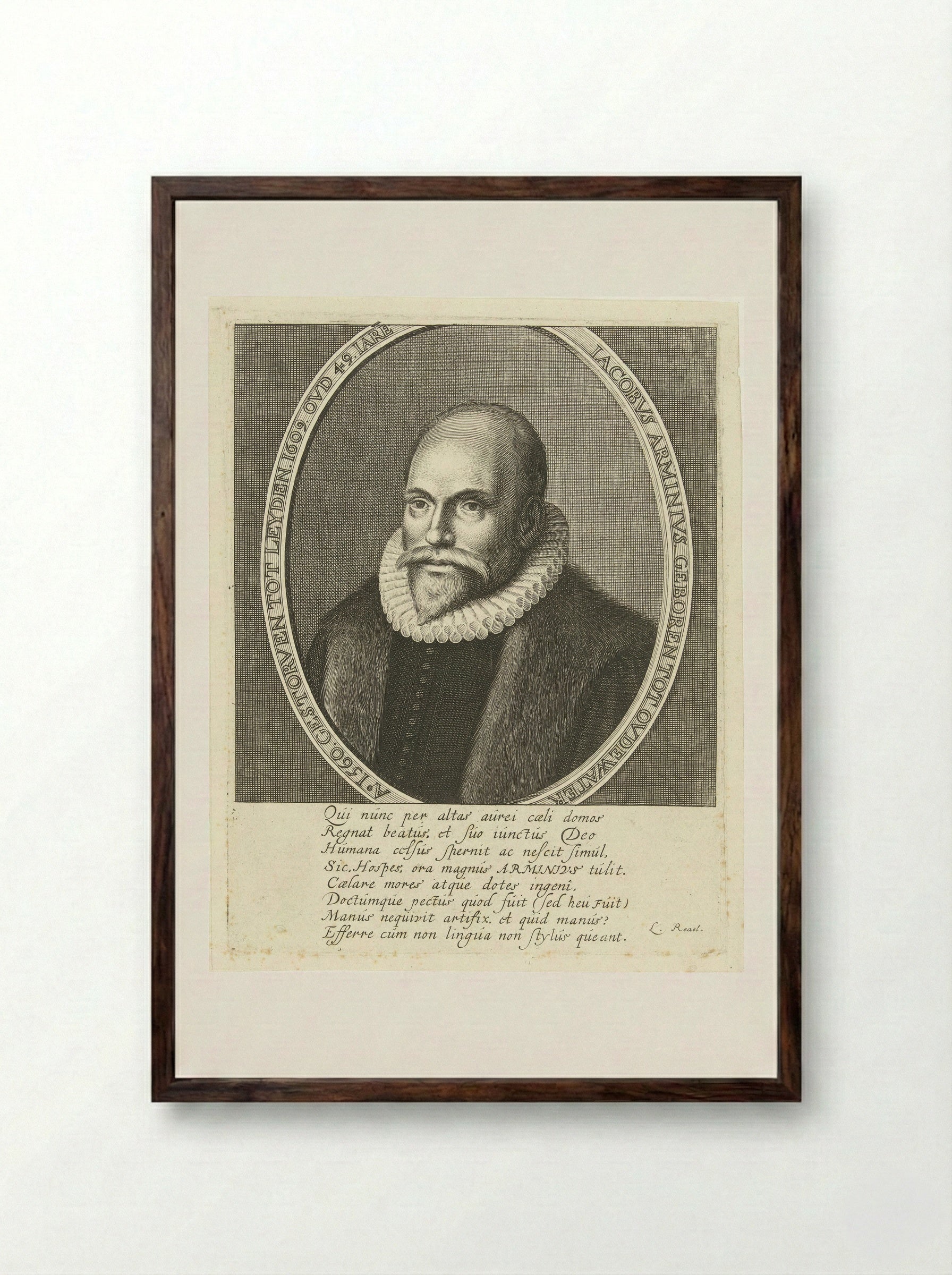 Portrait of Jacobus Arminius at Age 49 - Cornelis Koning - Framed Print Dark Wood