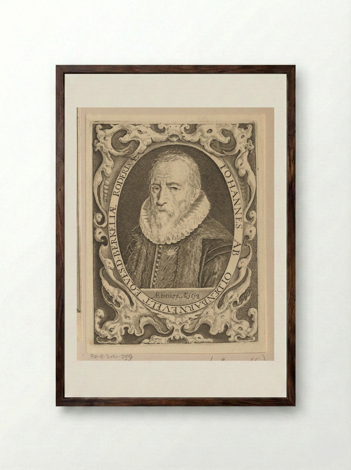 Portrait of Johan van Oldenbarnevelt at Age 71 - Renold Elstrack - Framed Print Dark Wood