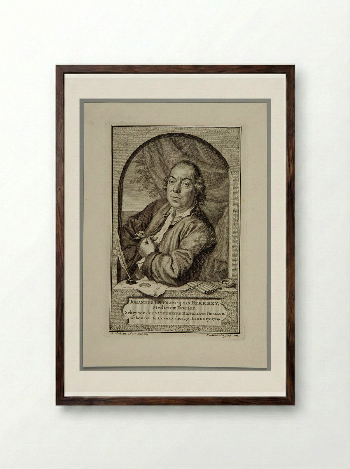 Portrait of Johannes le Francq van Berkhey - Jacobus Houbraken - Framed Print Dark Wood