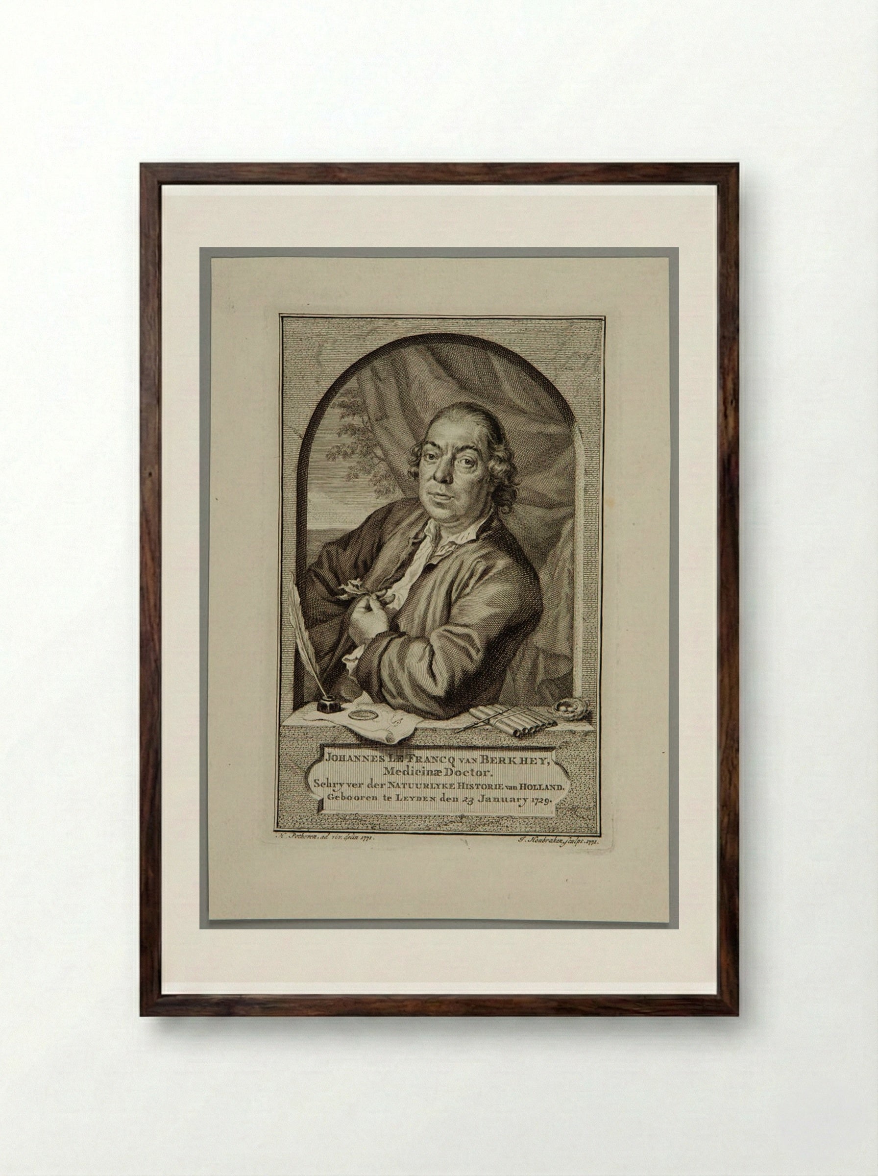 Portrait of Johannes le Francq van Berkhey - Jacobus Houbraken - Framed Print Dark Wood