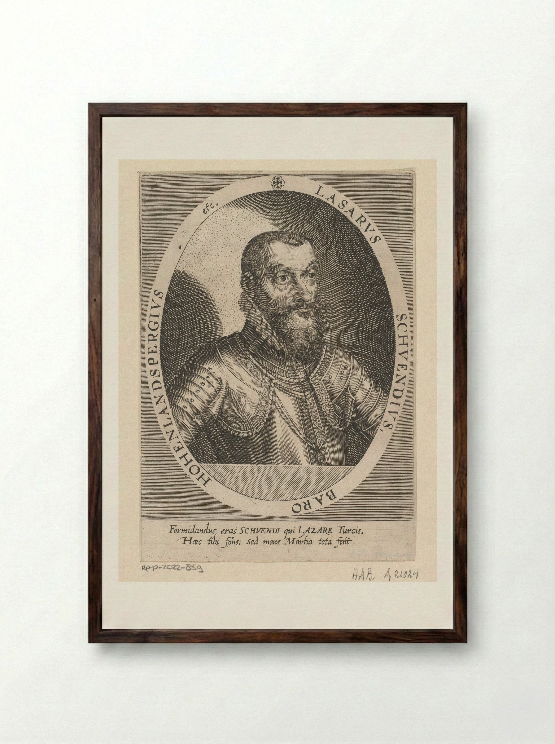 Portrait of Lazarus von Schwendi - Dominicus Custos - Framed Print Dark Wood