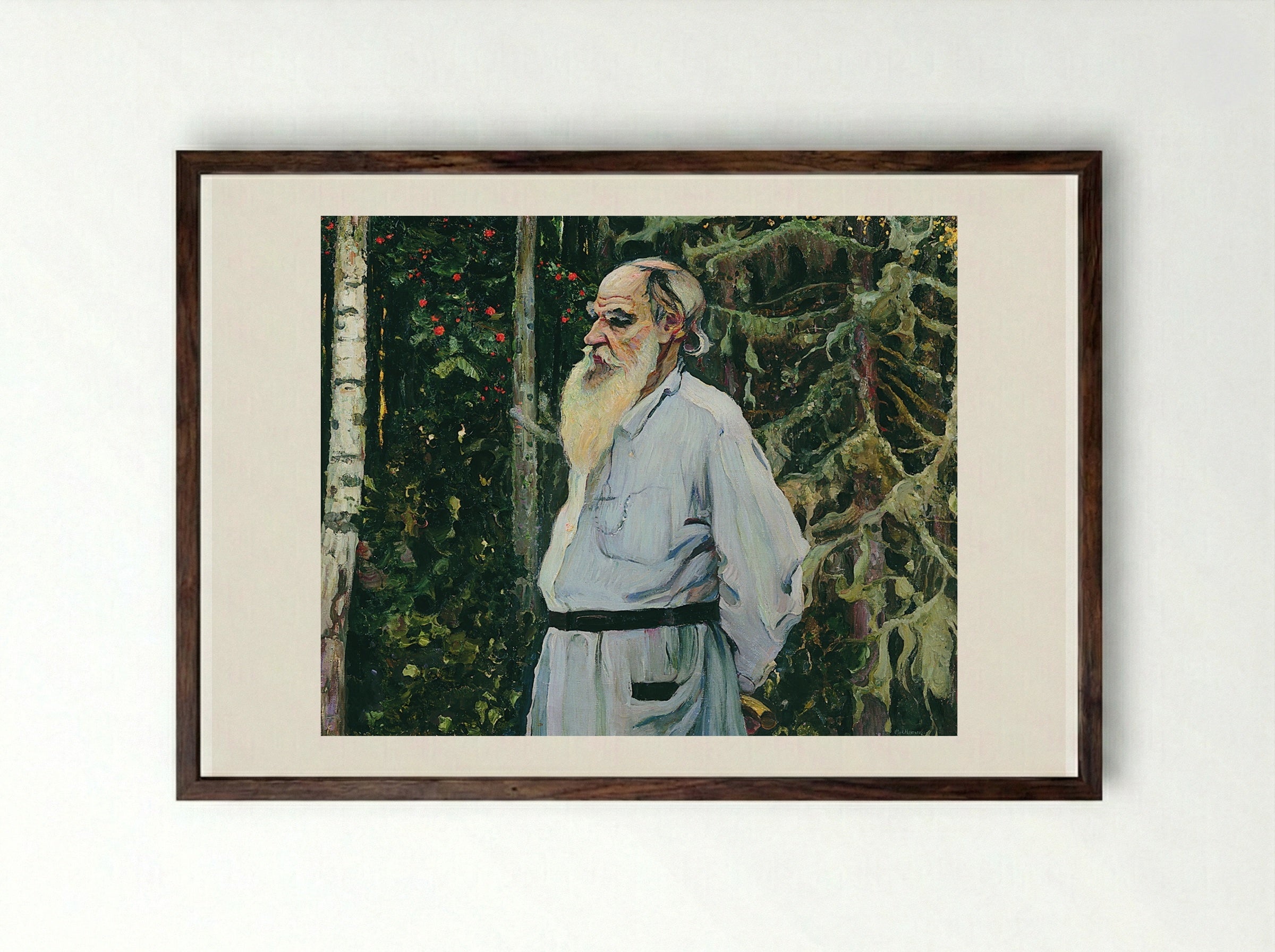 Portrait of Leo Tolstoy - Mikhail Nesterov - Framed Print Dark Wood