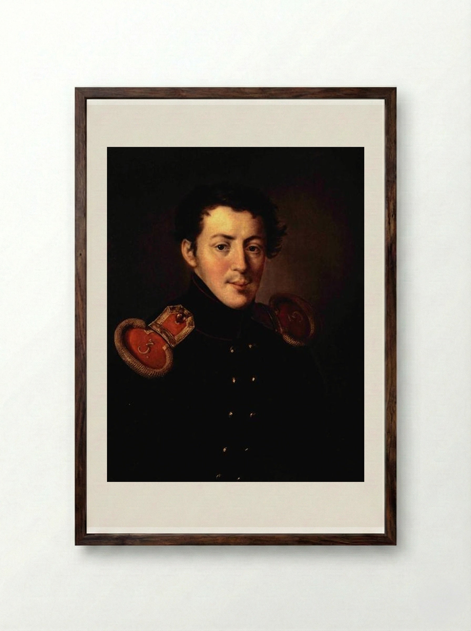 Portrait of Lieutenant Captain Ivan Vasilyevich Alymov - Vasily Tropinin - Framed Print Dark Wood