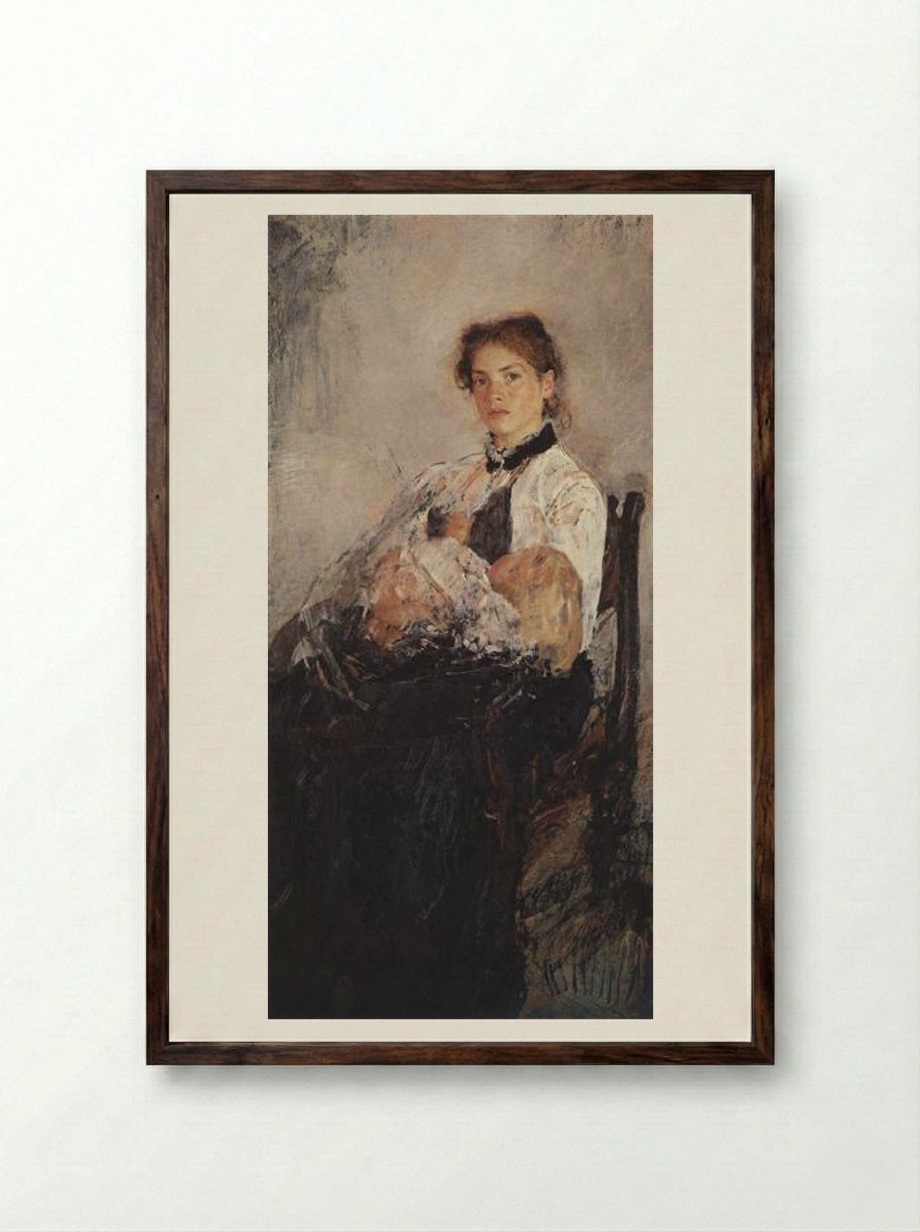 Portrait of Nadezhda Derviz with Her Child - Valentin Serov - Framed Print Dark Wood