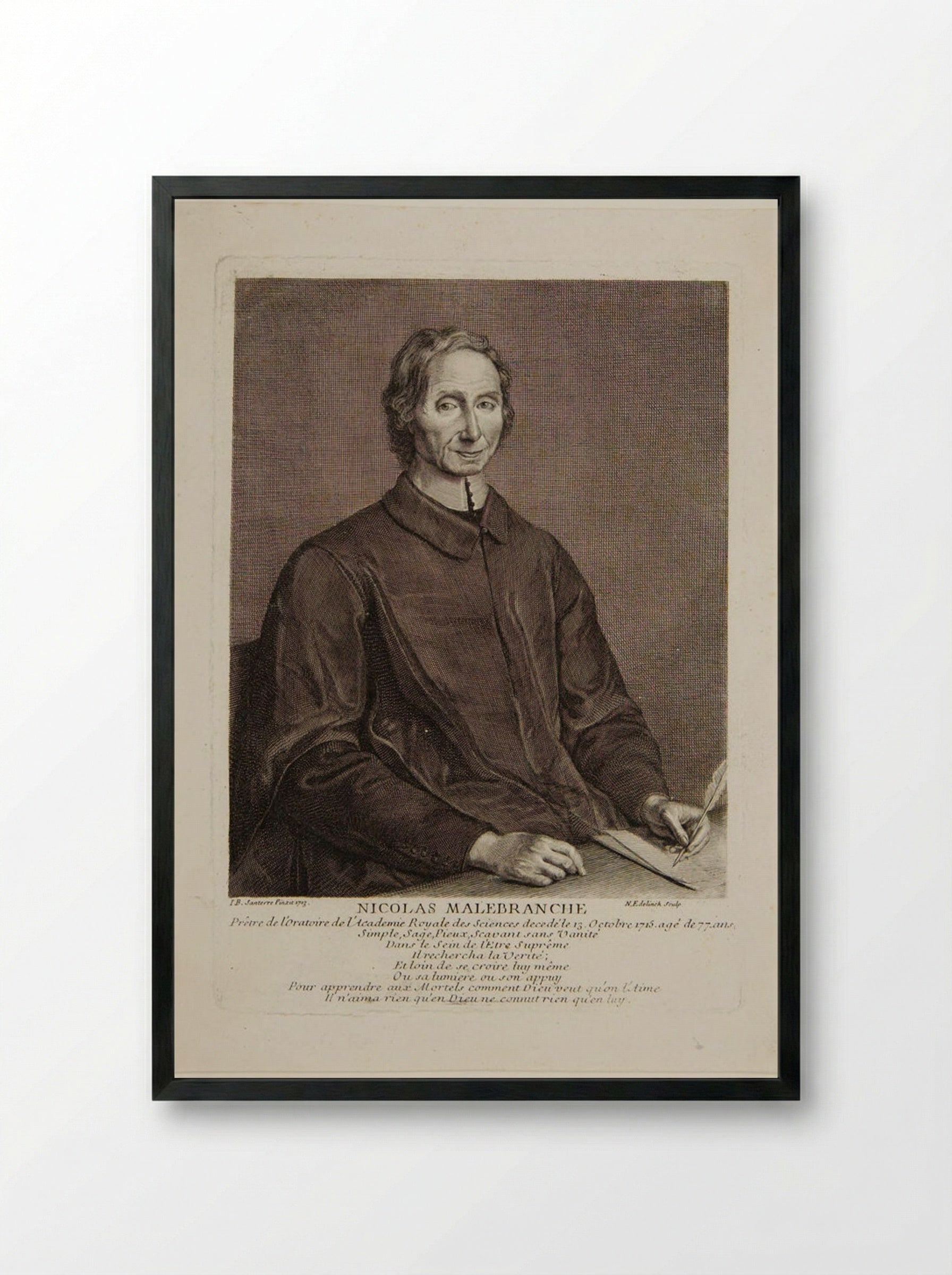 Portrait of Nicolas Malebranche - Nicolas Edelinck - Framed Print Black