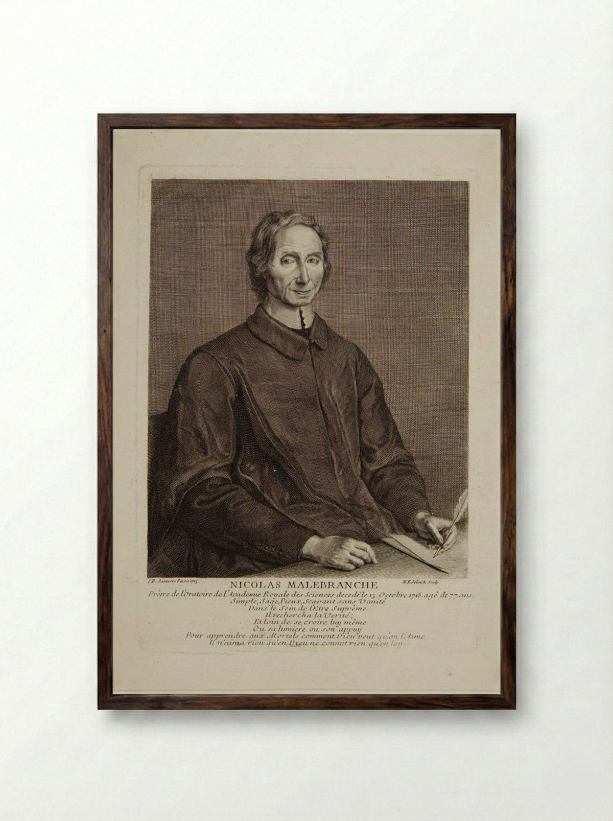 Portrait of Nicolas Malebranche - Nicolas Edelinck - Framed Print Dark Wood