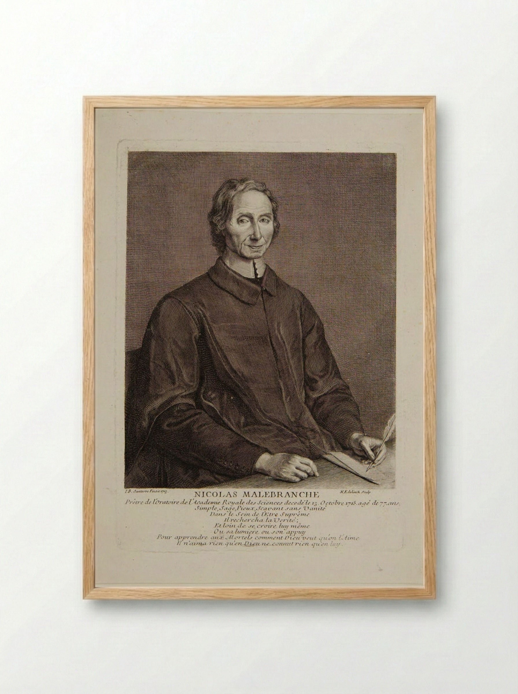Portrait of Nicolas Malebranche - Nicolas Edelinck - Framed Print Wood
