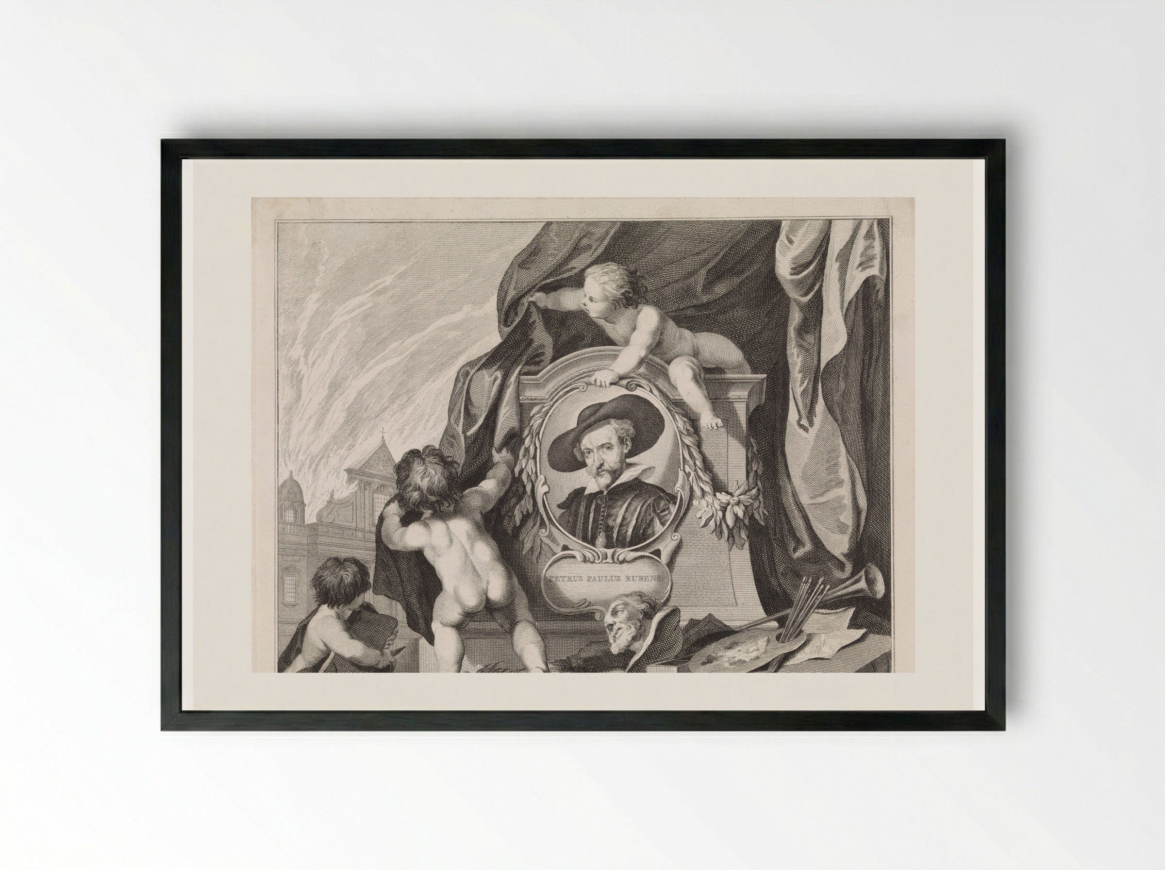 Portrait of Peter Paul Rubens in a Medallion with Putti and Artist Attributes - Jan Punt - Framed Print Black