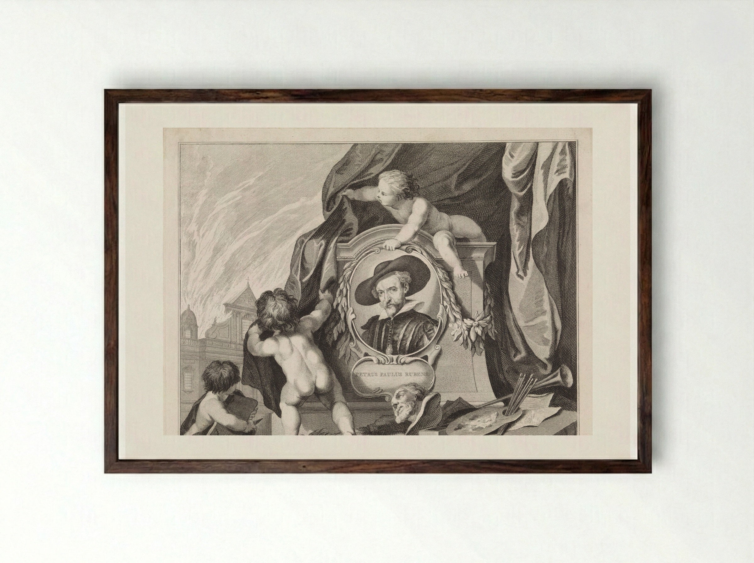 Portrait of Peter Paul Rubens in a Medallion with Putti and Artist Attributes - Jan Punt - Framed Print Dark Wood