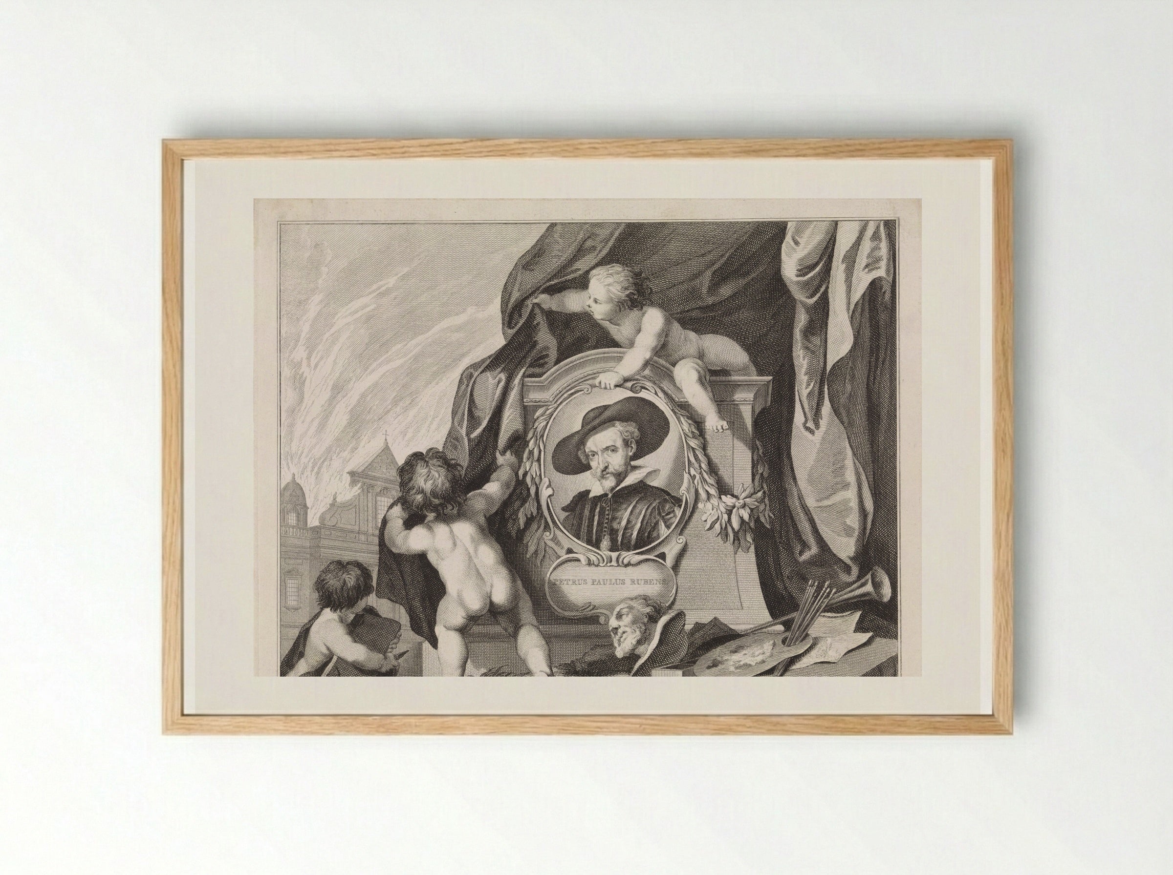 Portrait of Peter Paul Rubens in a Medallion with Putti and Artist Attributes - Jan Punt - Framed Print Wood