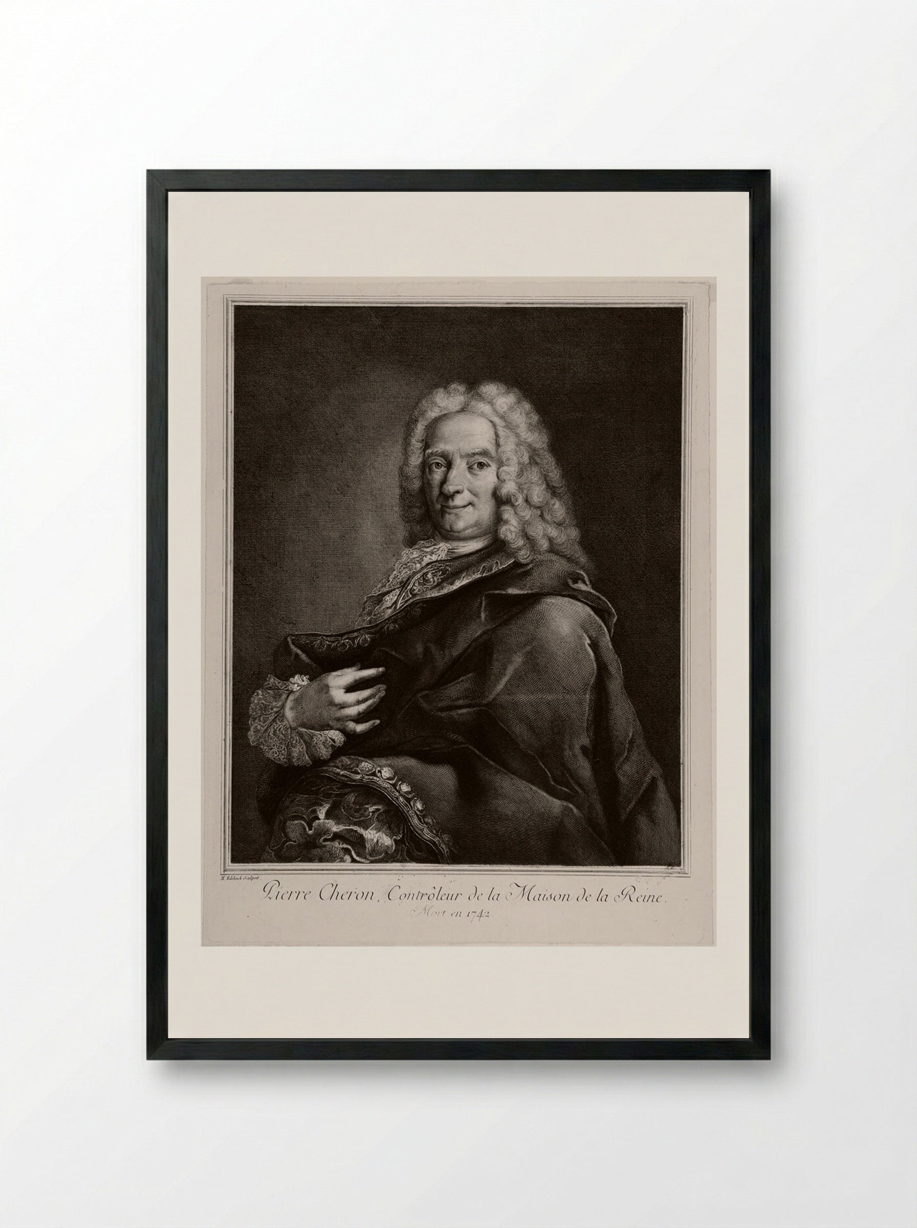 Portrait of Pierre Chéron - Nicolas Edelinck - Framed Print Black
