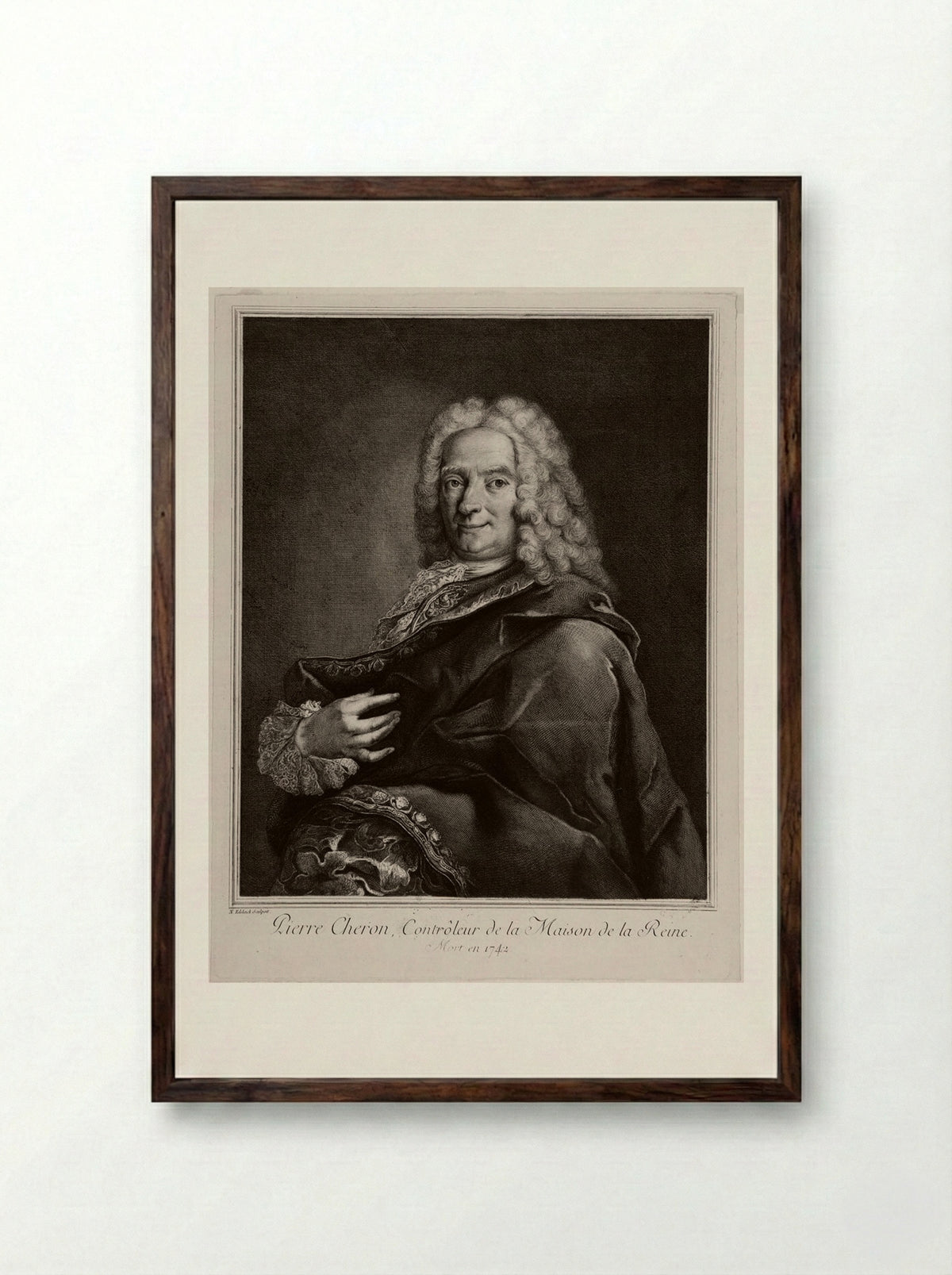 Portrait of Pierre Chéron - Nicolas Edelinck - Framed Print Dark Wood