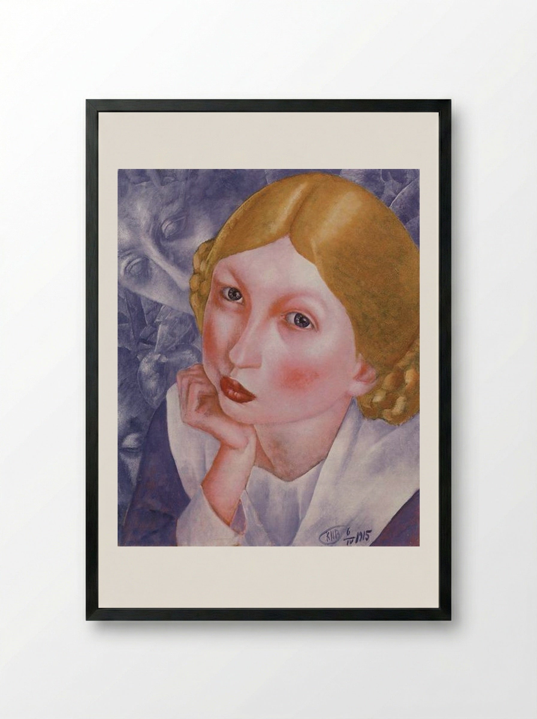 Portrait of Ria (Portrait of A.A. Kholopova) - Kuzma Petrov-Vodkin - Framed Print Black