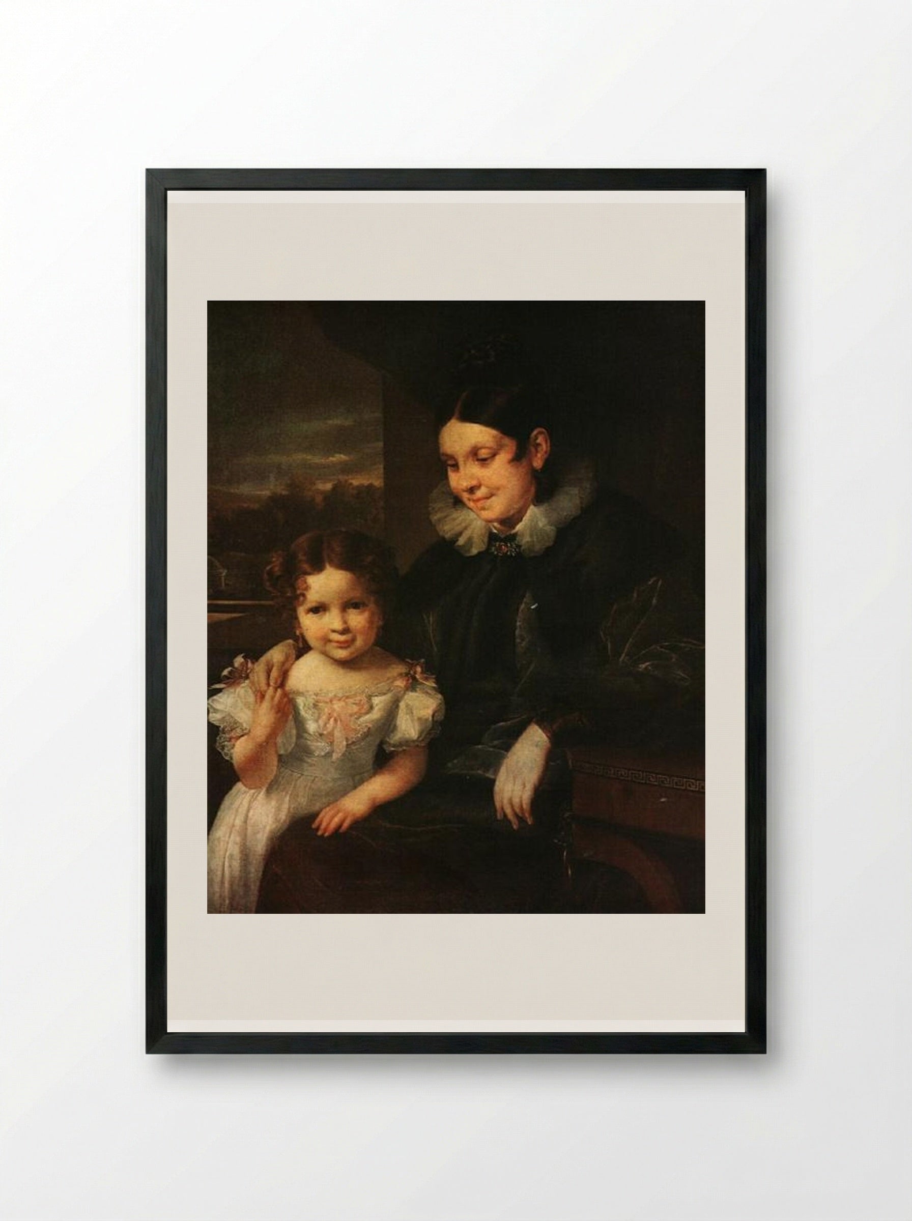 Portrait of V. I. Yershova with Her Daughter - Vasily Tropinin - Framed Print Black