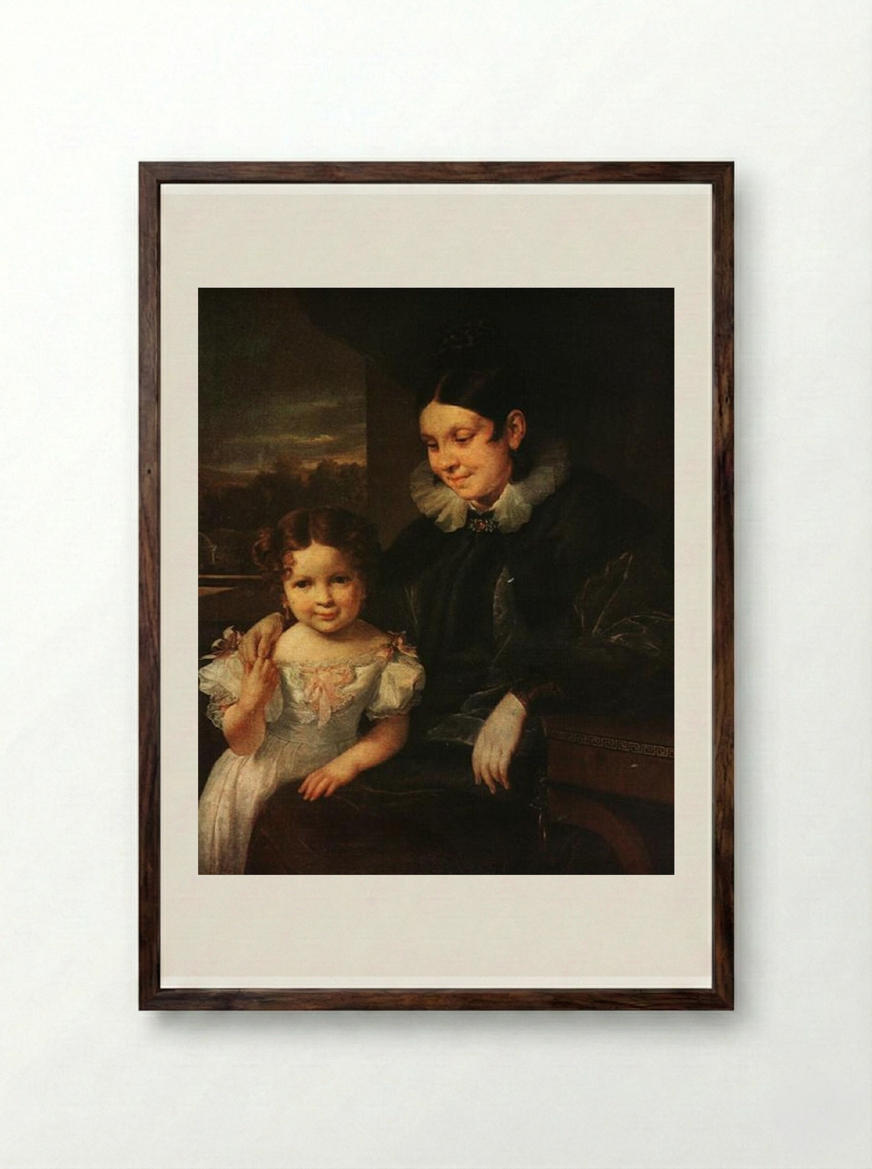 Portrait of V. I. Yershova with Her Daughter - Vasily Tropinin - Framed Print Dark Wood