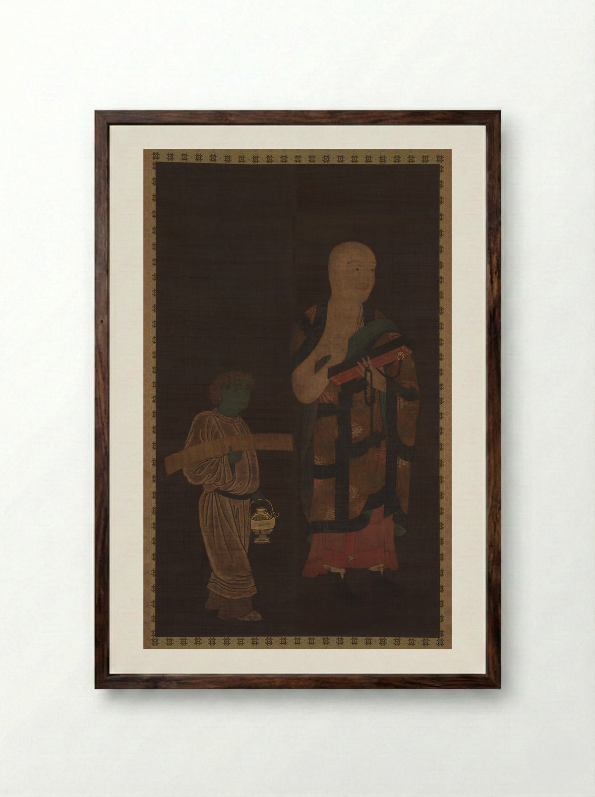 Portrait of Xuanzang (Genjō) with Attendant - Kasuga Motomitsu - Framed Print Dark Wood