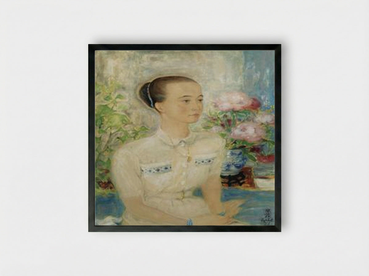 Portrait of a Beauty Among Peonies - Le Pho - Framed Print Black