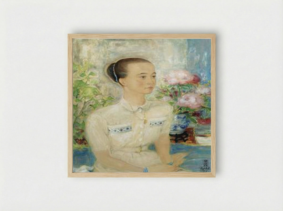 Portrait of a Beauty Among Peonies - Le Pho - Framed Print Wood