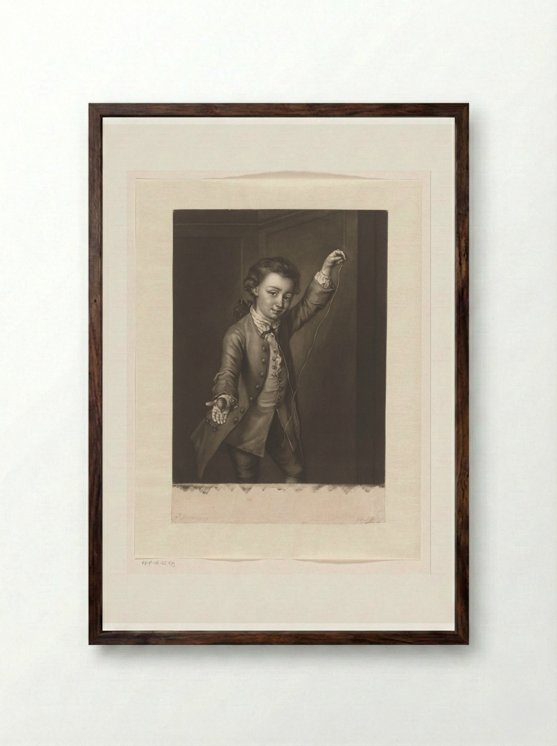 Portrait of a Boy with a Spinning Top - James McArdell - Framed Print Dark Wood