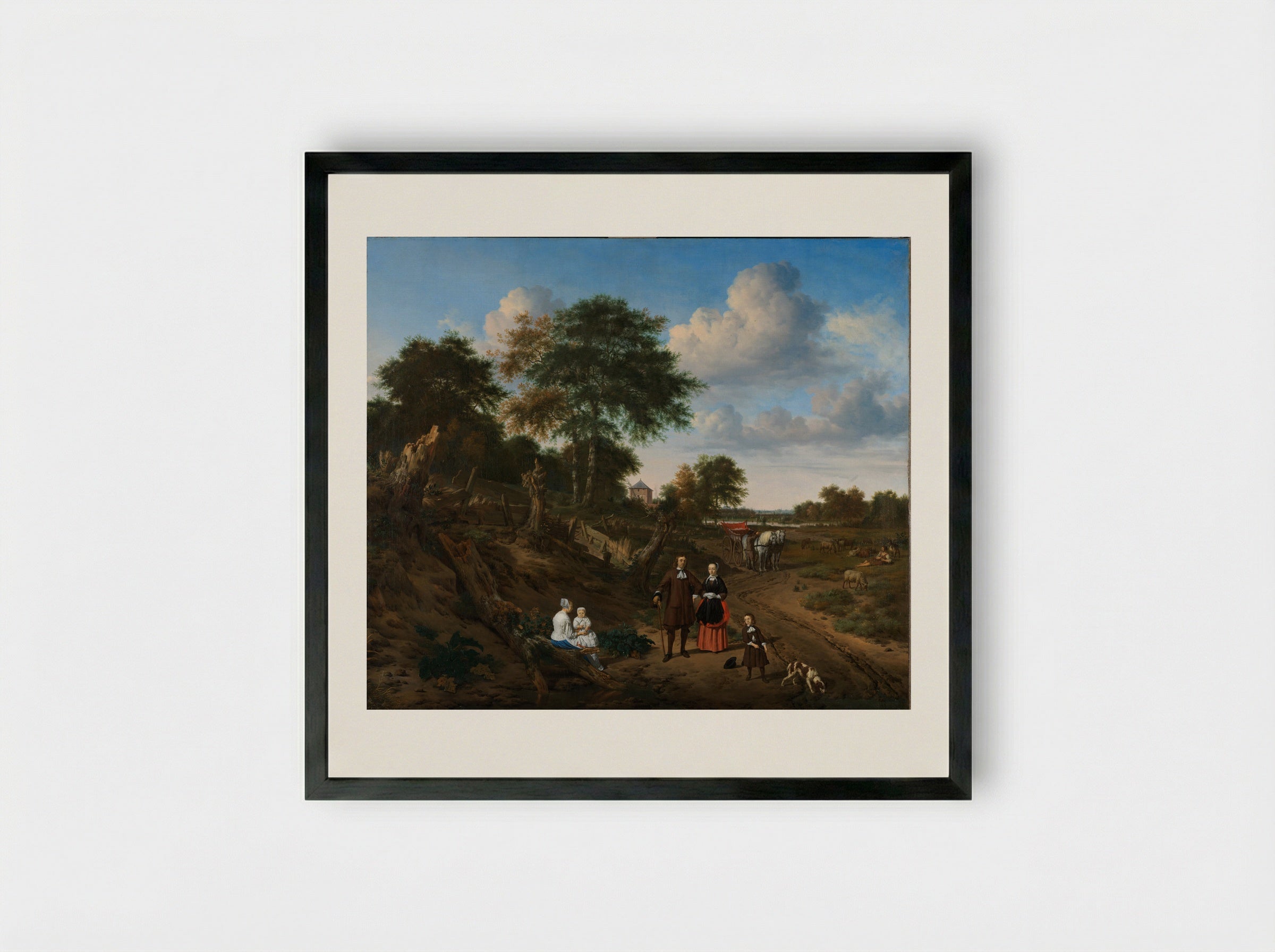 Portrait of a Couple with Two Children and a Nurse in a Landscape - Adriaen van de Velde - Framed Print Black