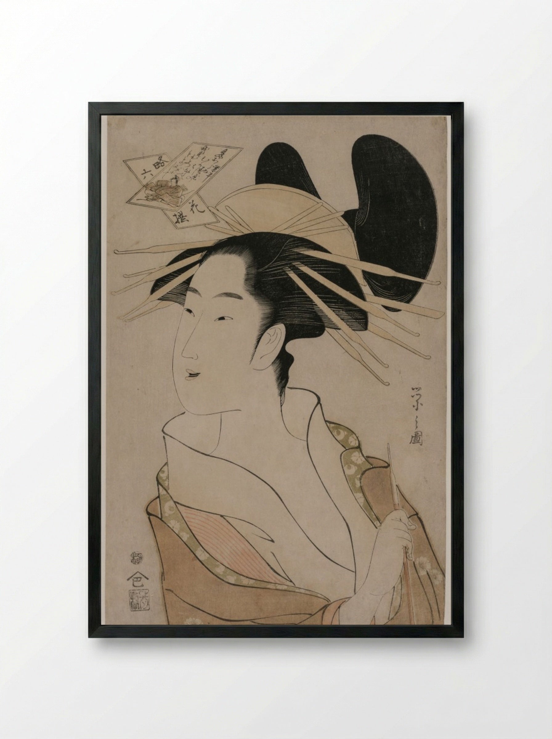 Portrait of a Courtesan Holding a Pipe - Chōbunsai Eishi - Framed Print Black