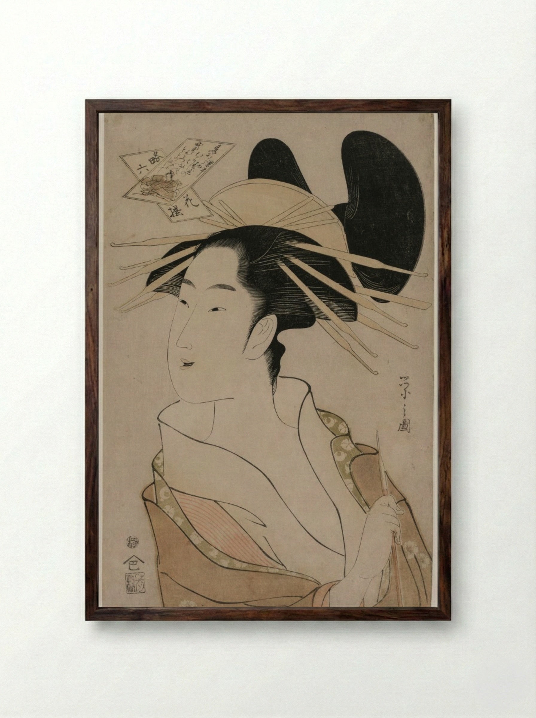 Portrait of a Courtesan Holding a Pipe - Chōbunsai Eishi - Framed Print Dark Wood