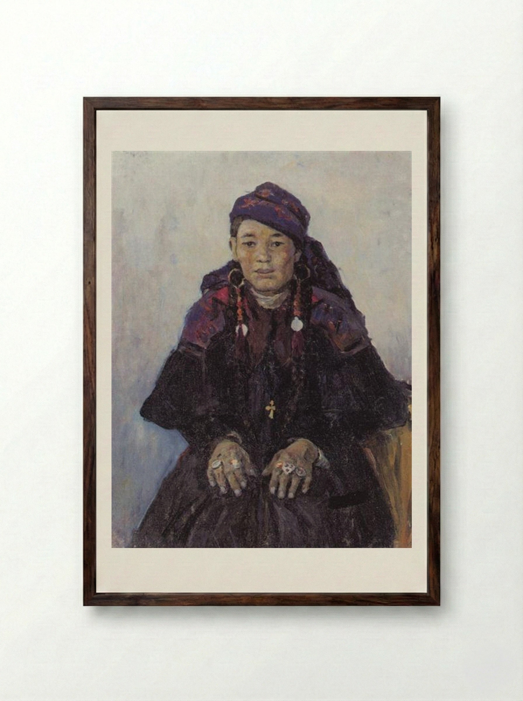 Portrait of a Khakass Woman - Vasily Surikov - Framed Print Dark Wood