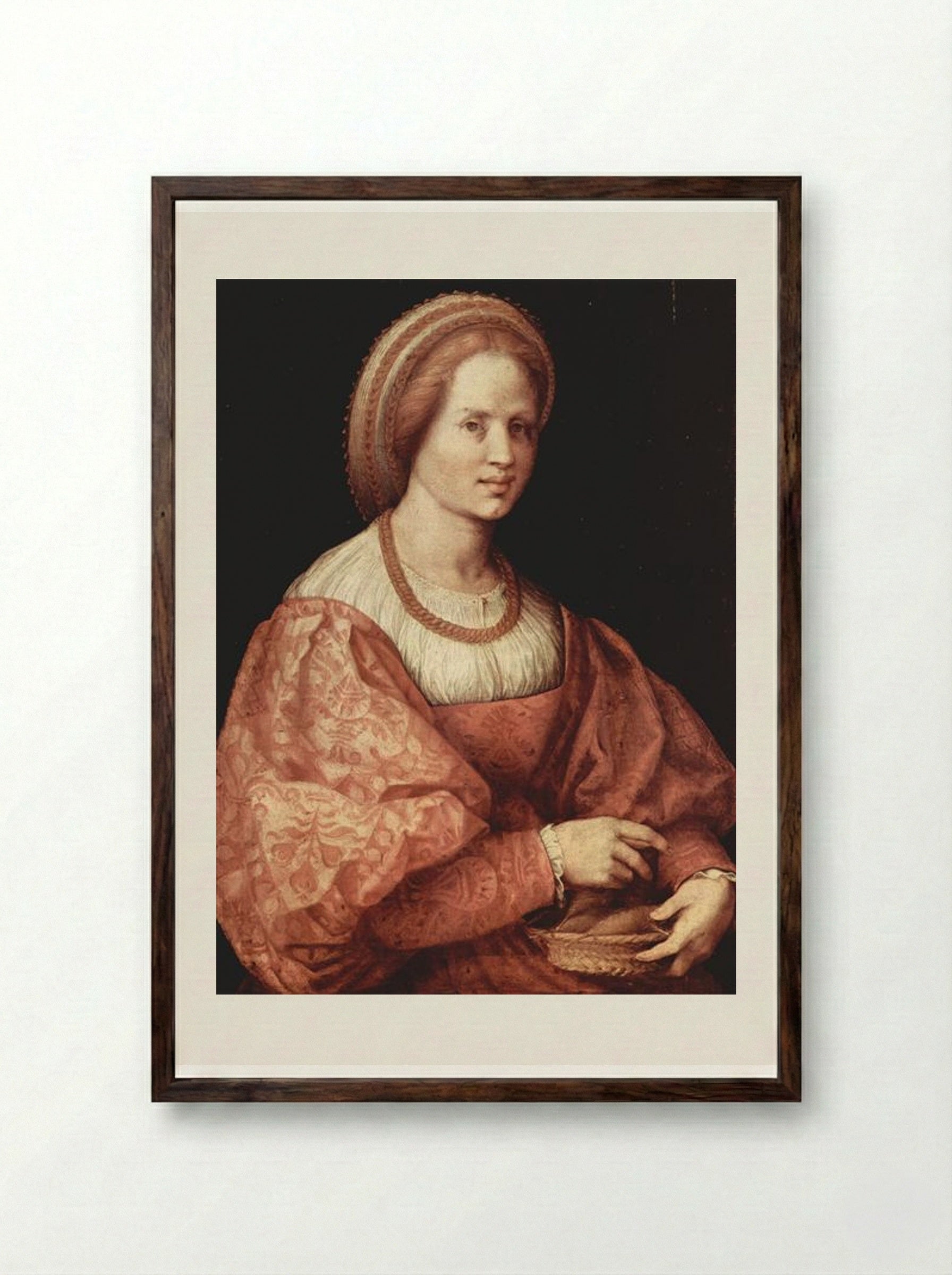 Portrait of a Lady with Spindle Cup - Andrea del Sarto - Framed Print Dark Wood
