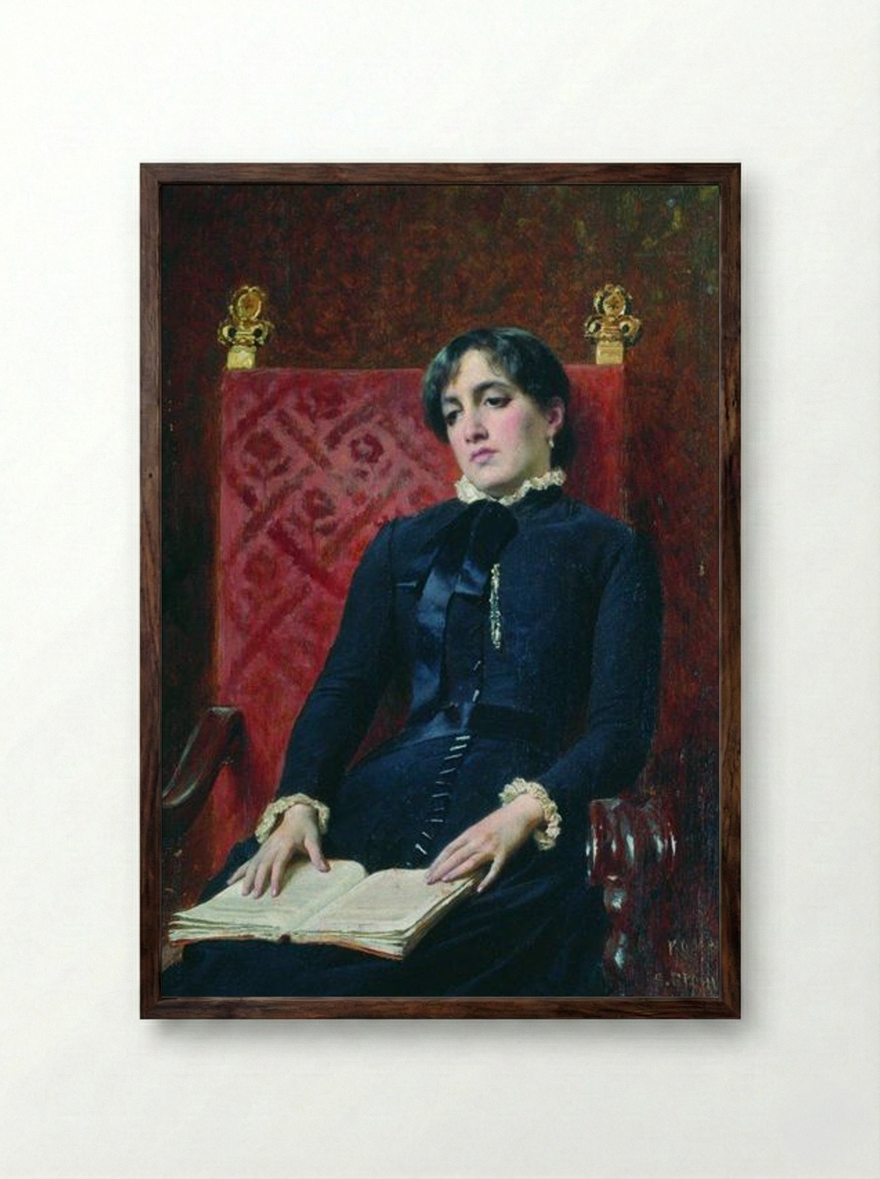 Portrait of a Lady with a Book - Fyodor Bronnikov - Framed Print Dark Wood