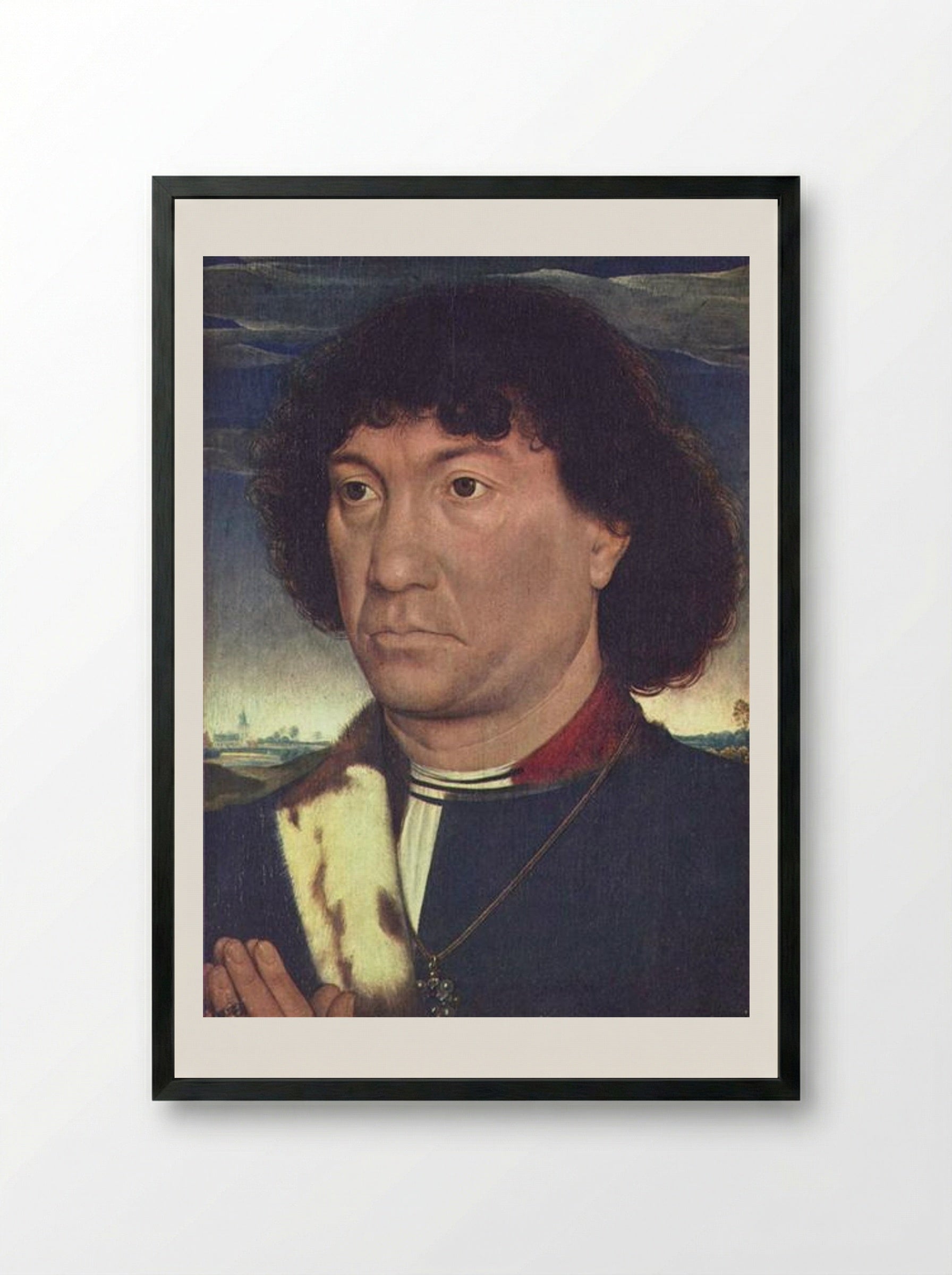 Portrait of a Man at Prayer - Hans Memling - Framed Print Black